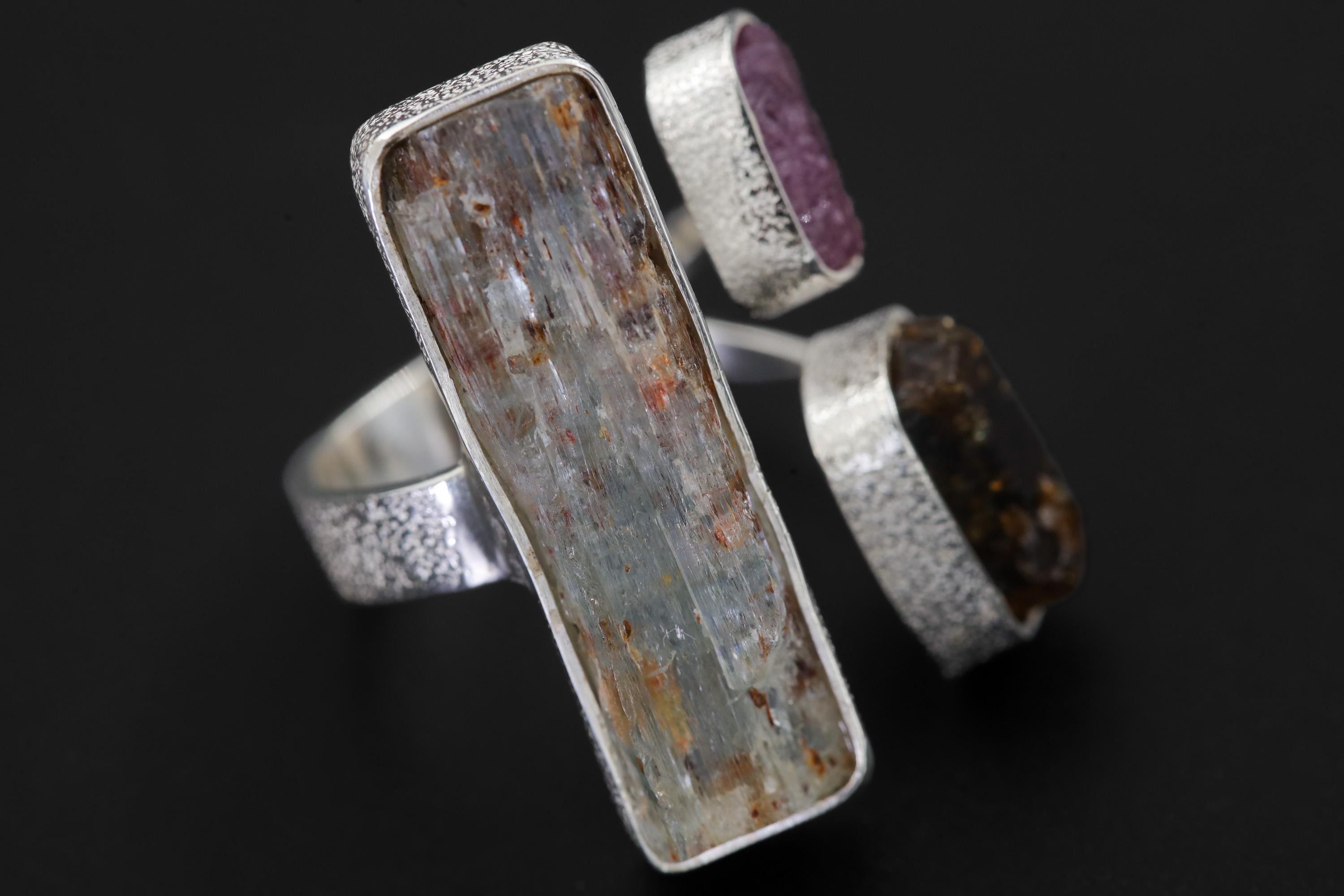 Raw Aquamarine Ruby Brown Tourmaline Ring Sterling Silver Open Band Grounding Vitality Crystal Jewelry Gift