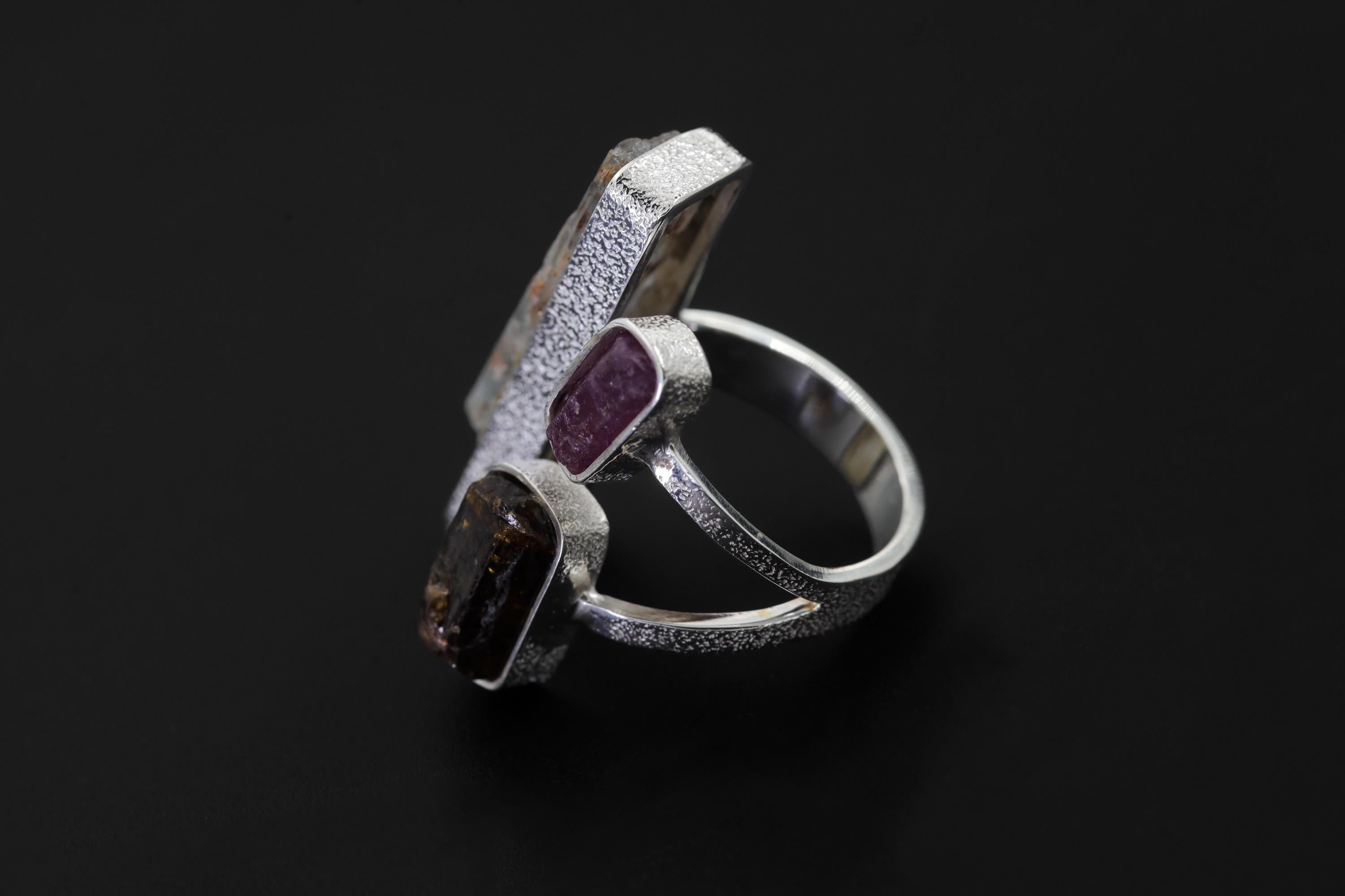 Raw Aquamarine Ruby Brown Tourmaline Ring Sterling Silver Open Band Grounding Vitality Crystal Jewelry Gift