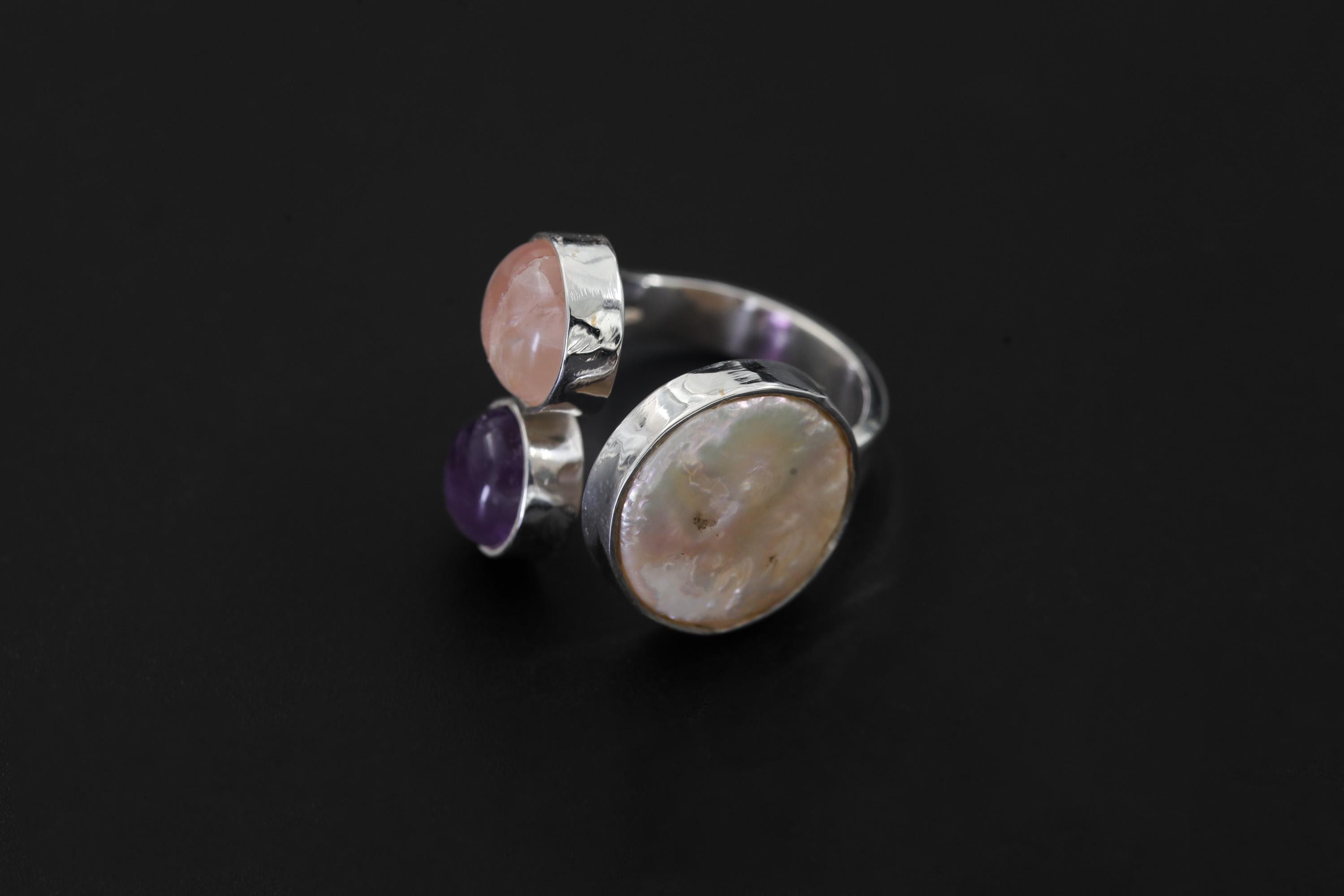 Hammered Sterling Silver Multi Stone Ring: Pearl, Amethyst, Rose Quartz Calm Clarity Jewelry