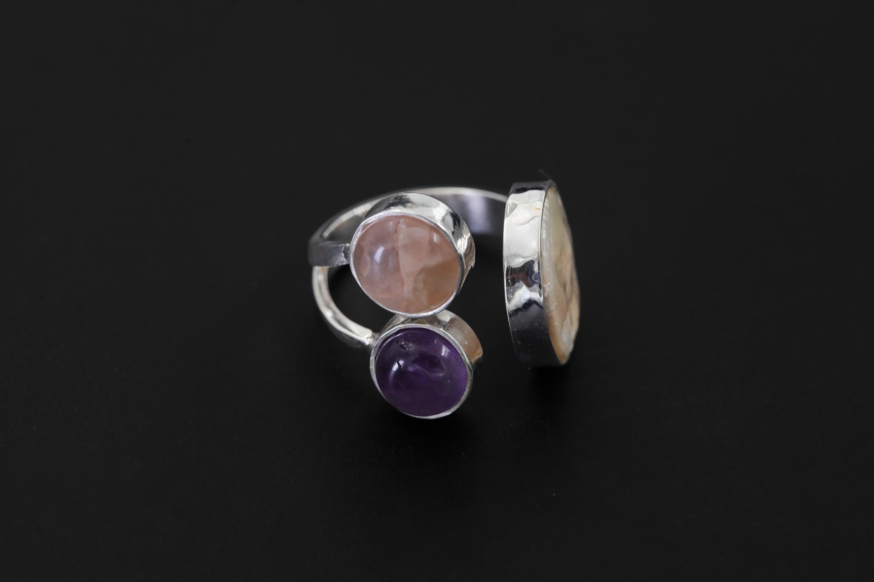 Multi Stone Silver Ring Pearl Amethyst Rose Quartz Adjustable Open Band Soft Pastel Crystal Jewelry Gift