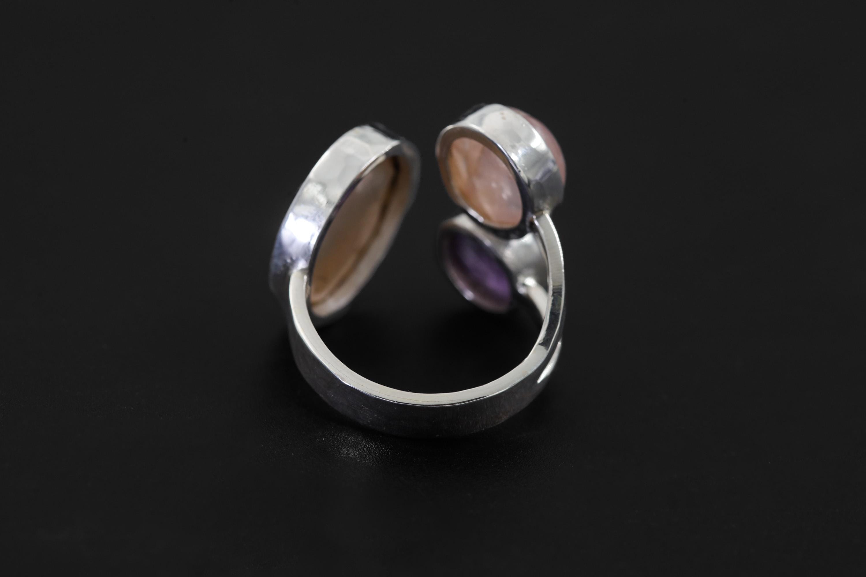 Hammered Sterling Silver Multi Stone Ring: Pearl, Amethyst, Rose Quartz Calm Clarity Jewelry