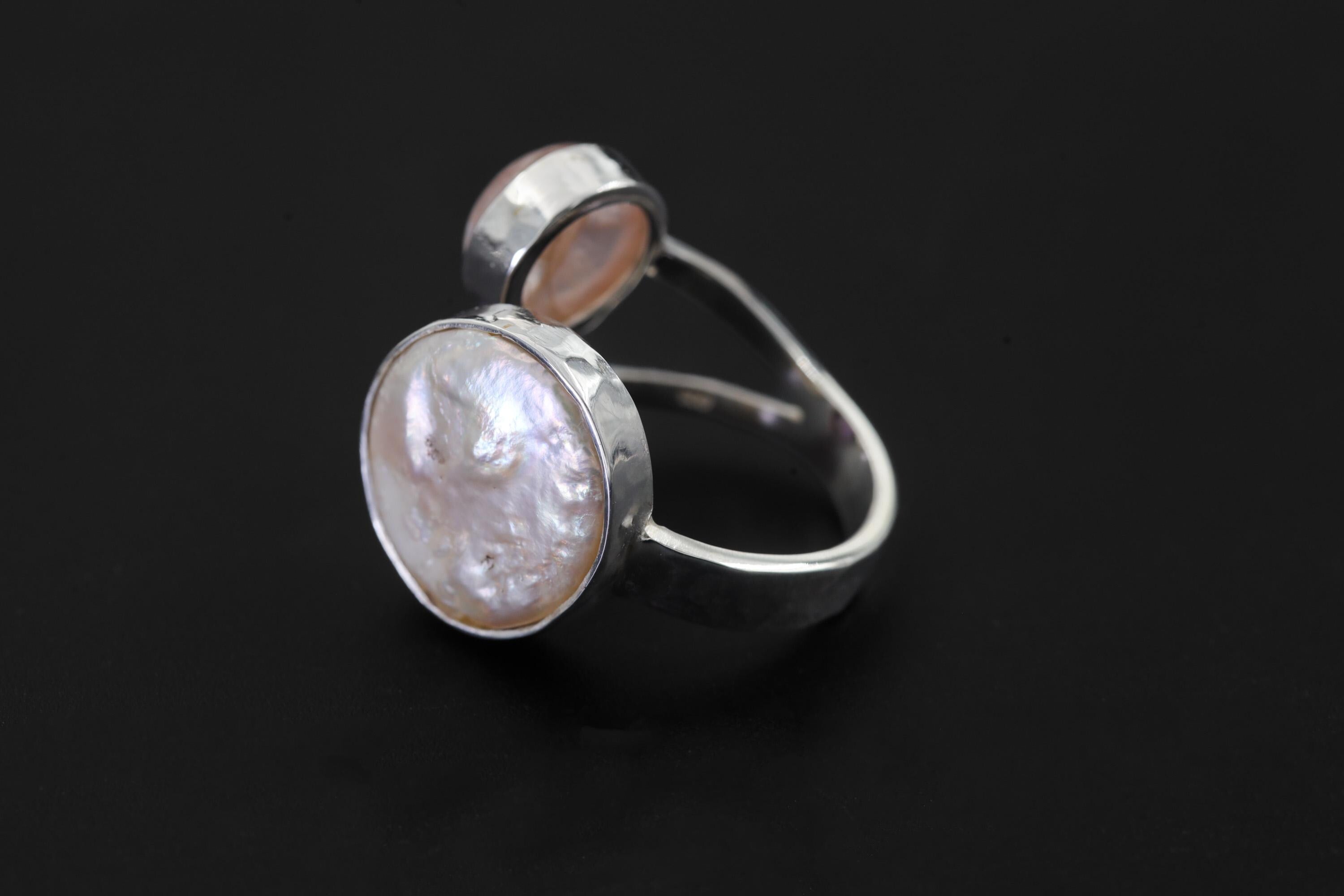 Hammered Sterling Silver Multi Stone Ring: Pearl, Amethyst, Rose Quartz Calm Clarity Jewelry