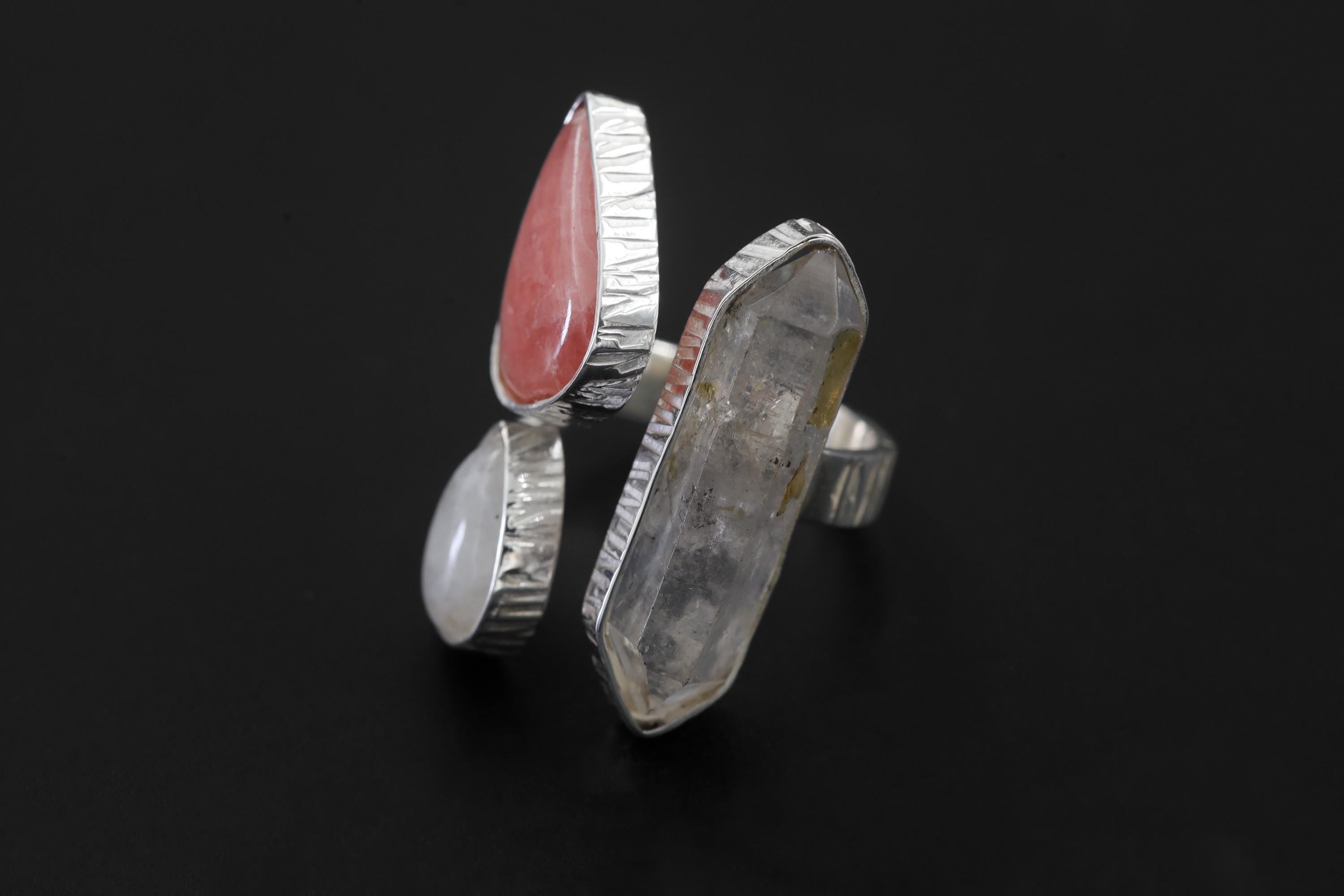 Sterling Silver Multi Stone Ring: Quartz, Rhodochrosite, Moonstone, Adjustable Band
