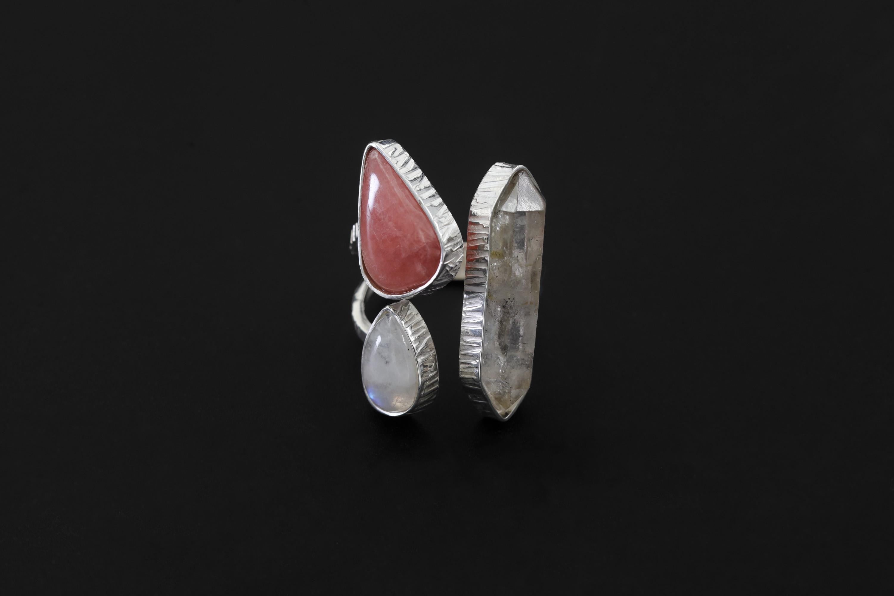 Sterling Silver Multi Stone Ring: Quartz, Rhodochrosite, Moonstone, Adjustable Band