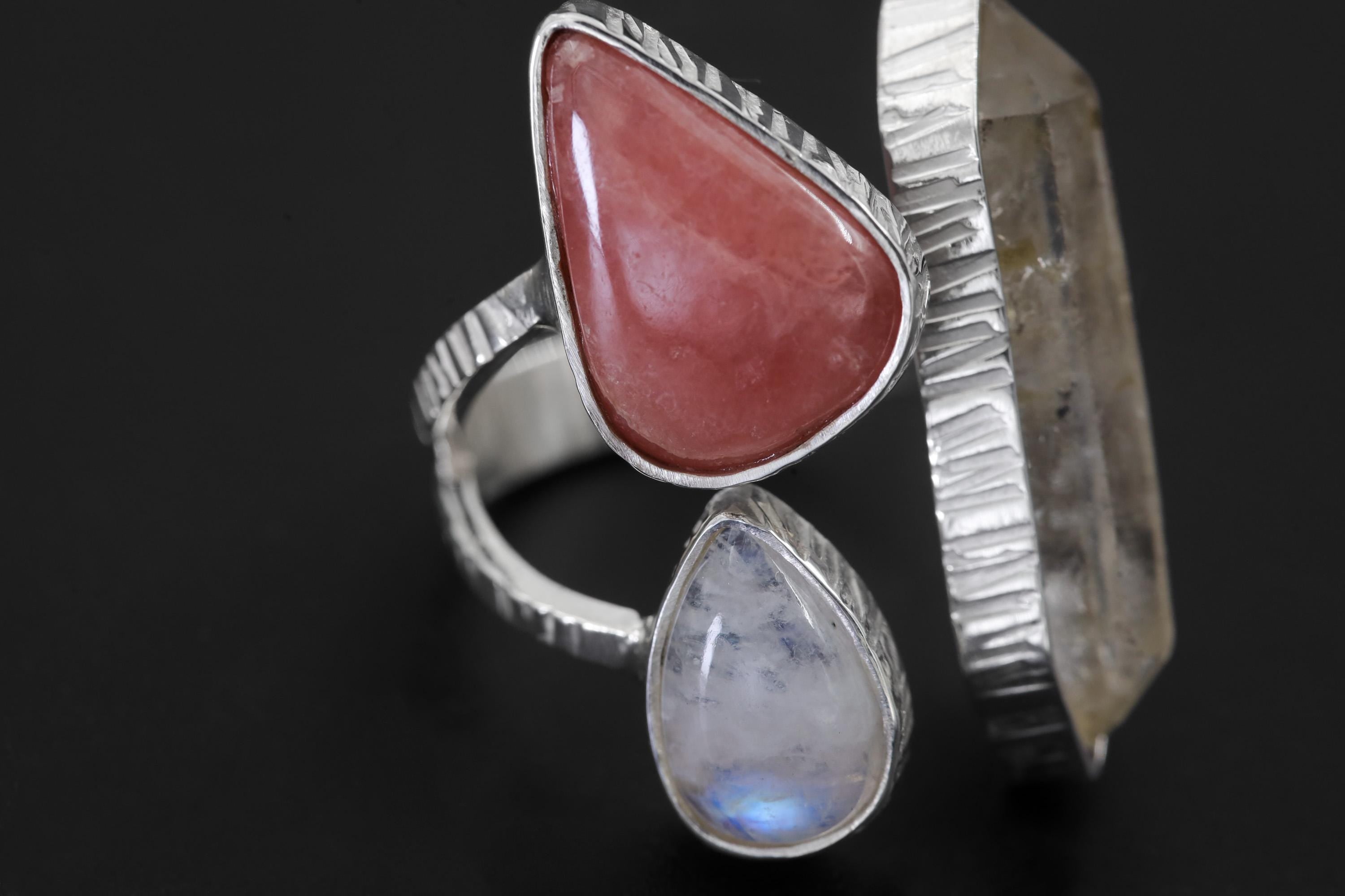 Sterling Silver Multi Stone Ring: Quartz, Rhodochrosite, Moonstone, Adjustable Band
