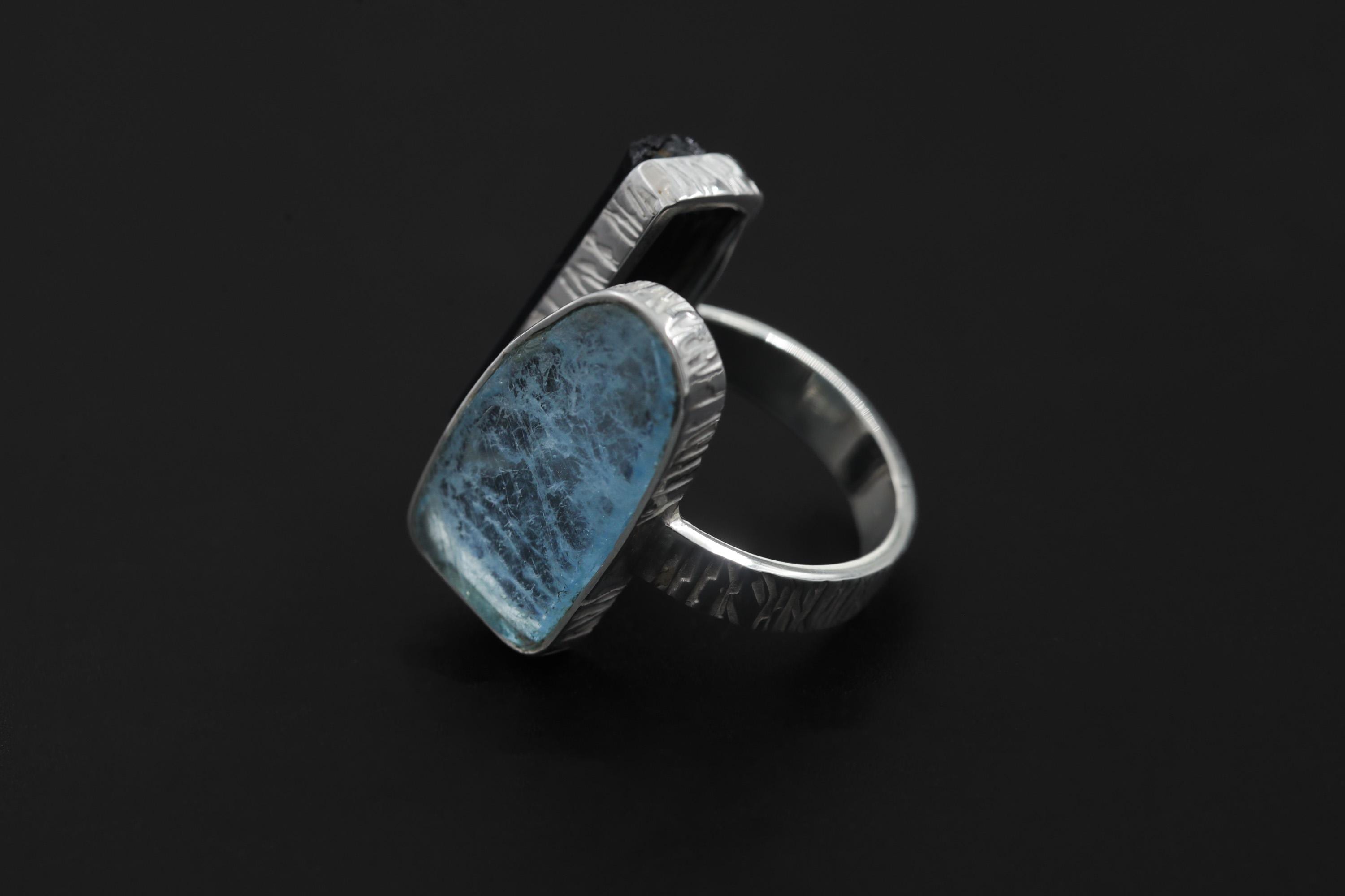 Aquamarine Black Tourmaline Ring 925 Sterling Silver Adjustable Band Throat Root Chakra Protection Gift