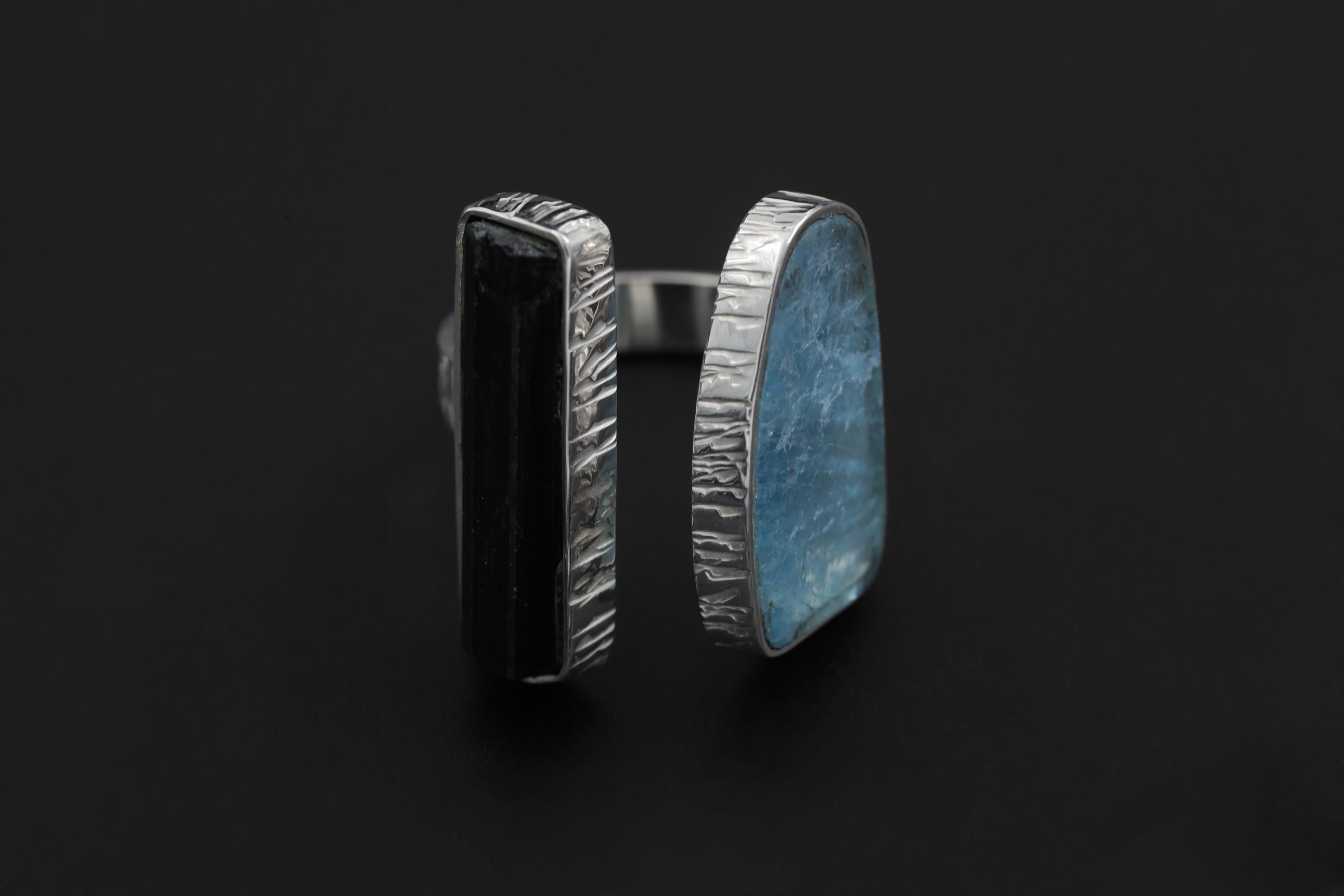 Aquamarine Black Tourmaline Ring 925 Sterling Silver Adjustable Band Throat Root Chakra Protection Gift
