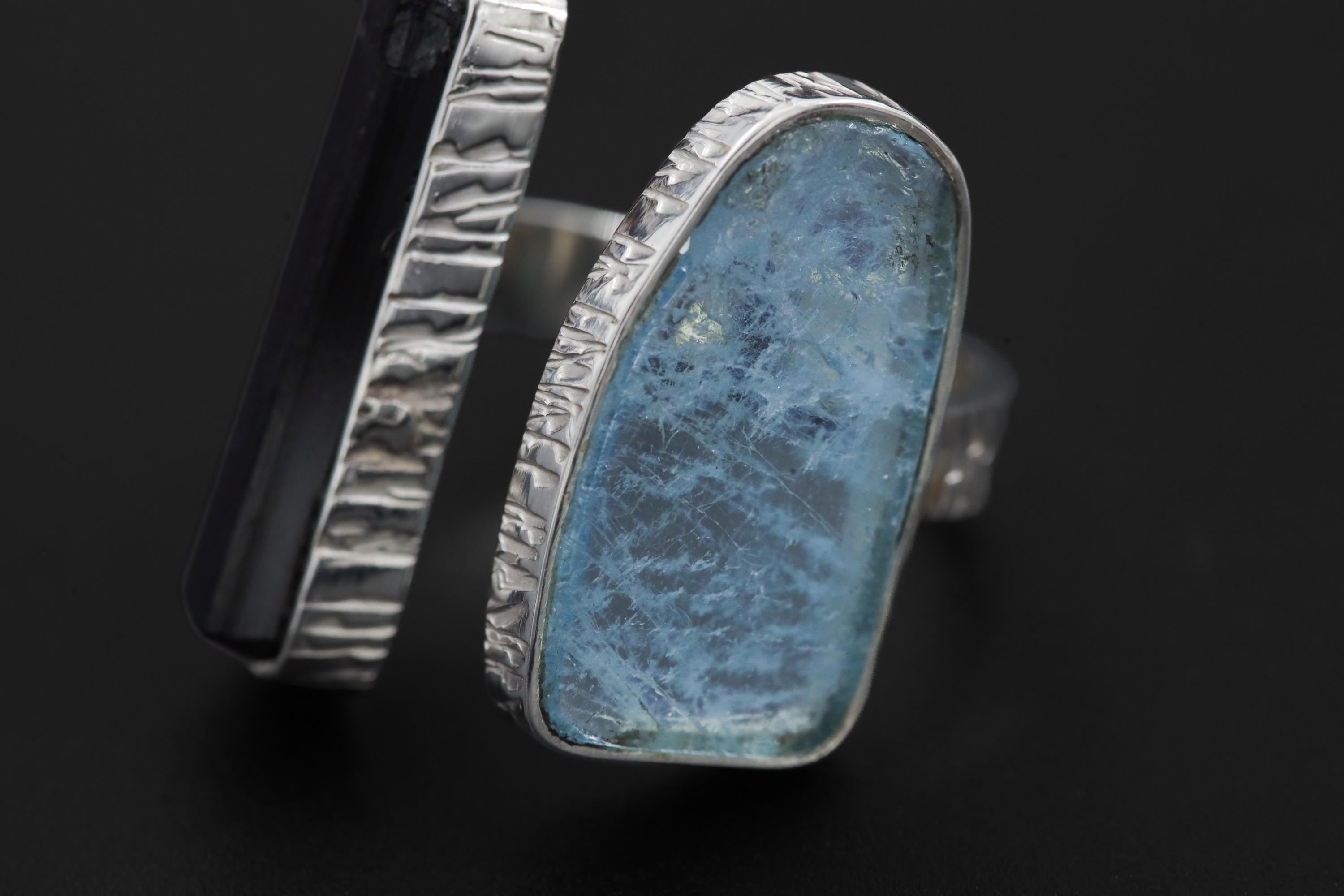 Aquamarine Black Tourmaline Ring 925 Sterling Silver Adjustable Band Throat Root Chakra Protection Gift