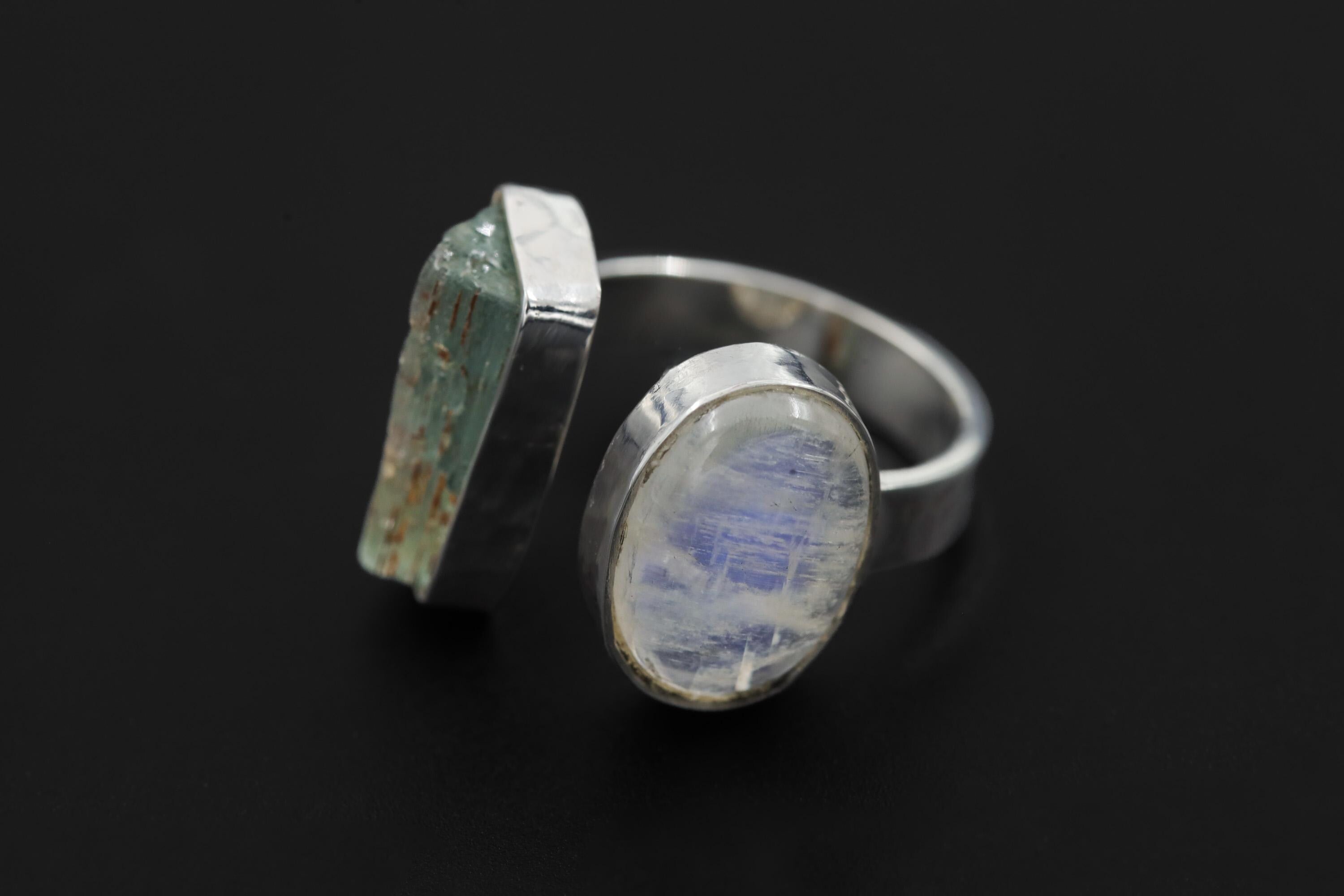 Raw Aquamarine Moonstone Ring, Hammered Sterling Silver Statement Jewelry