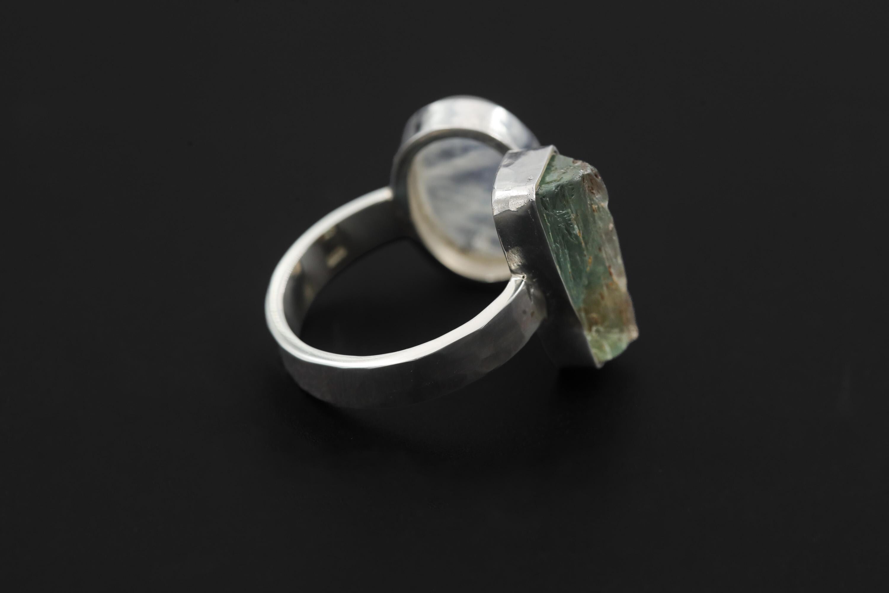 Raw Aquamarine Moonstone Ring, Hammered Sterling Silver Statement Jewelry