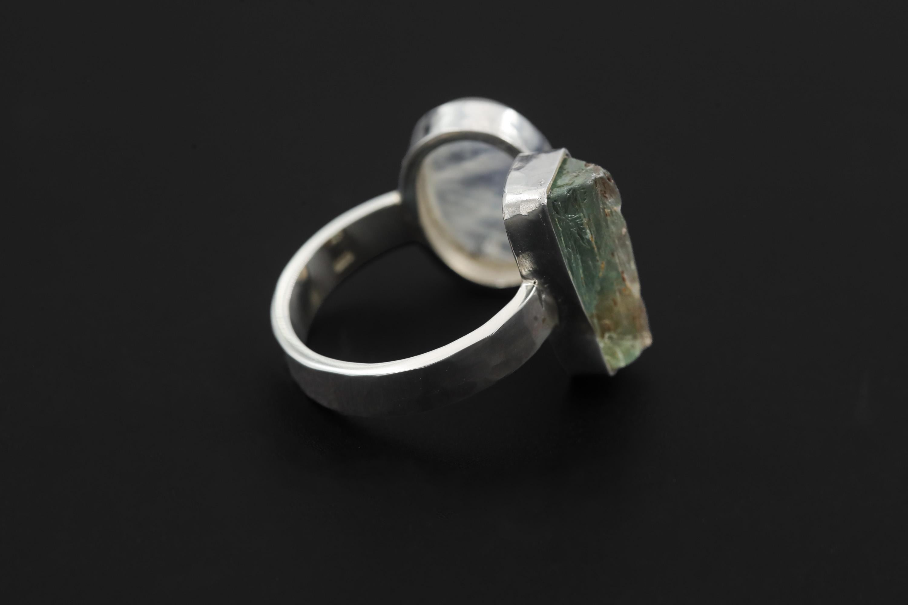 Raw Aquamarine Moonstone Ring, Hammered Sterling Silver Statement Jewelry