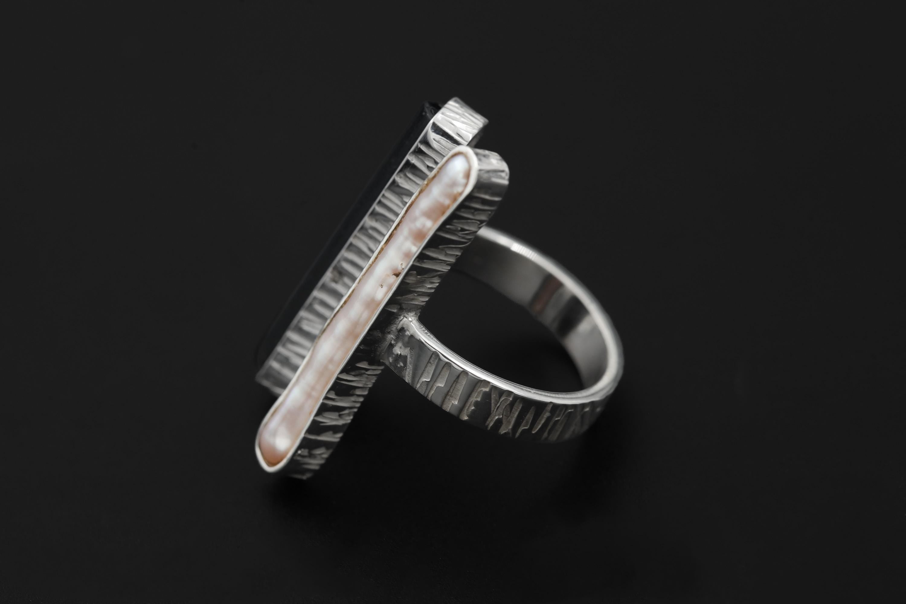 Pearl Black Tourmaline 925 Silver Ring, Adjustable Open Band