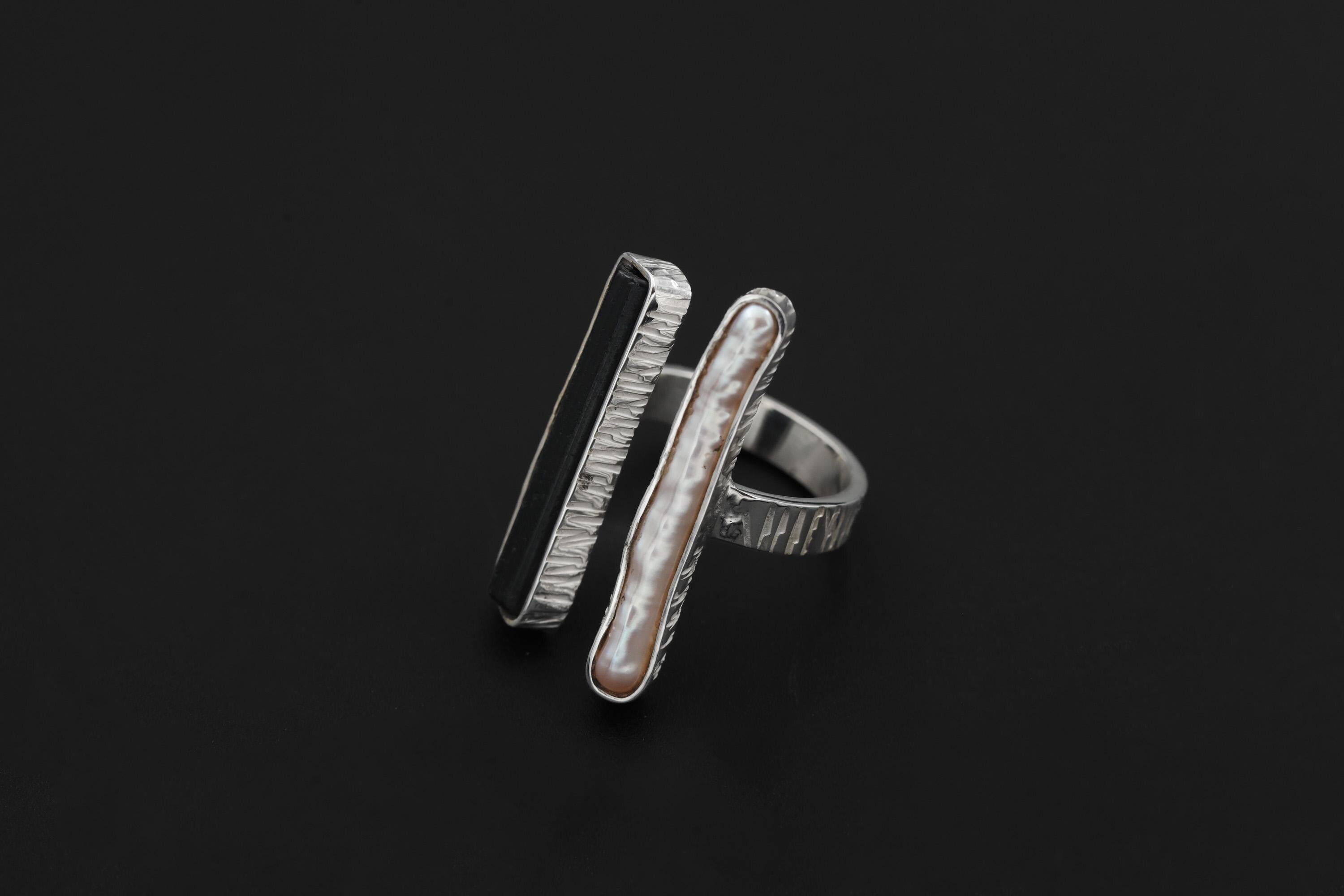 Pearl Black Tourmaline 925 Silver Ring, Adjustable Open Band
