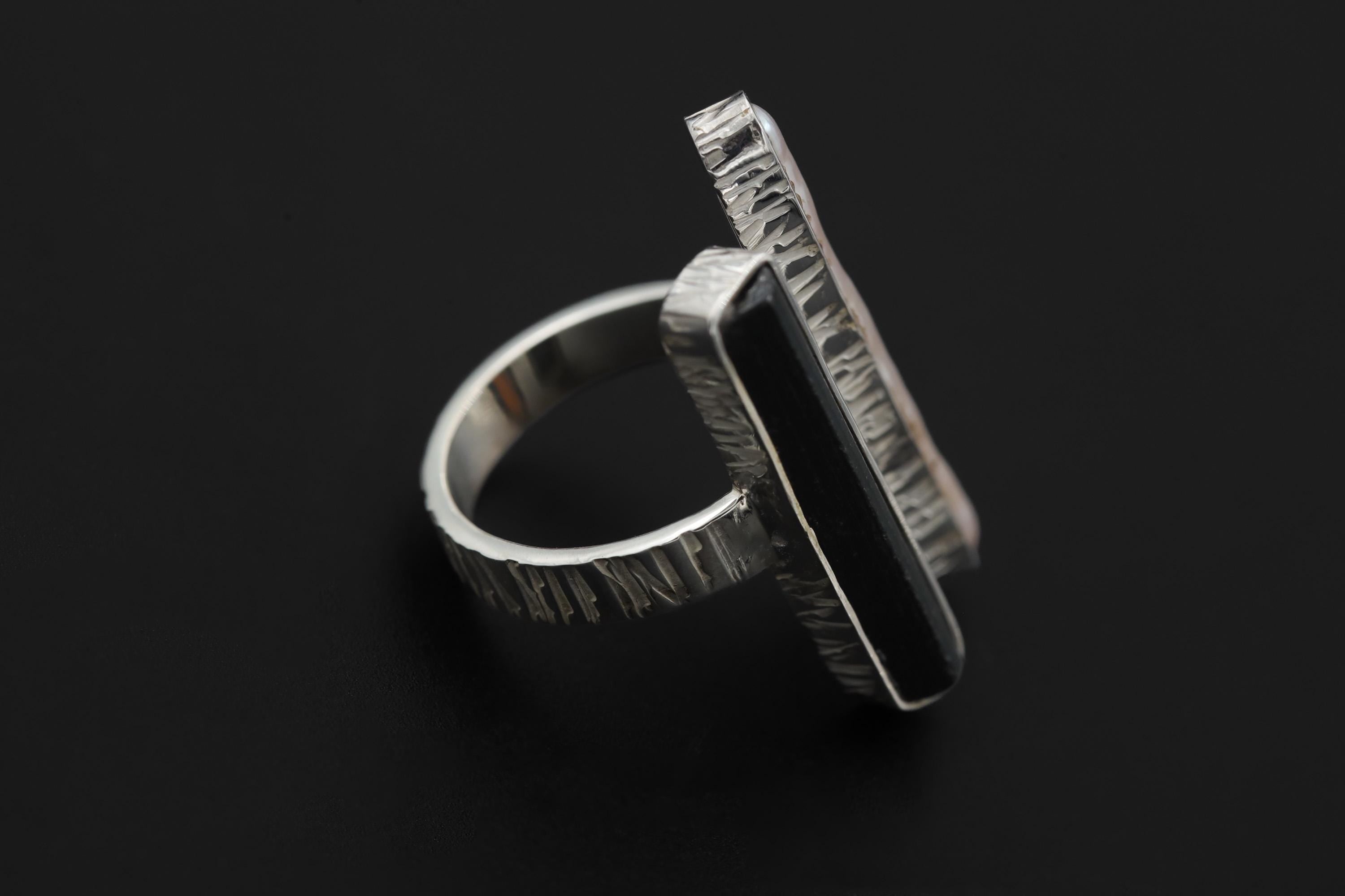 Pearl Black Tourmaline 925 Silver Ring, Adjustable Open Band