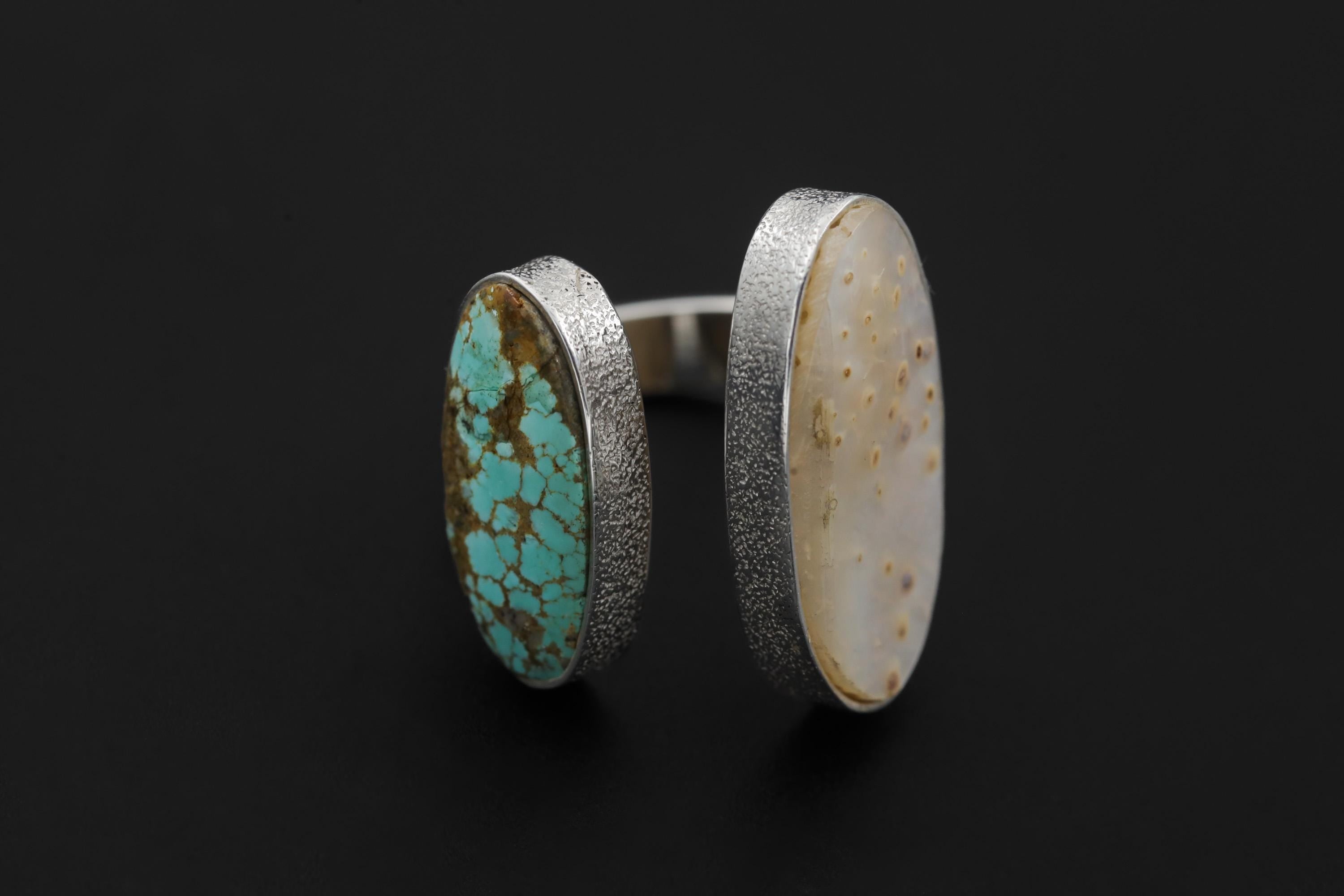Mother of Pearl Turquoise Dual Stone Ring 925 Sterling Silver Adjustable Open Band Organic Texture Jewelry