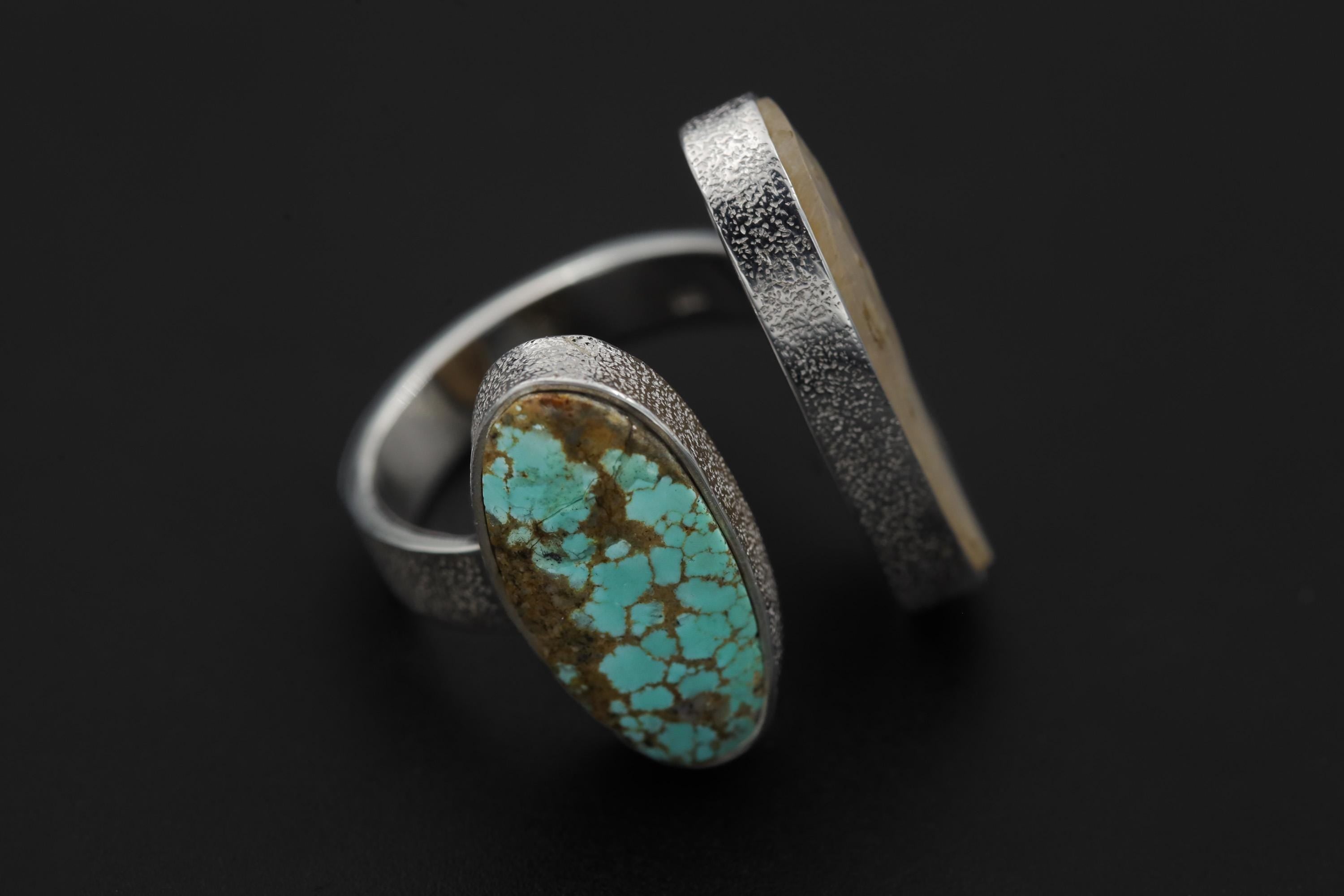 Mother of Pearl Turquoise Dual Stone Ring 925 Sterling Silver Adjustable Open Band Organic Texture Jewelry