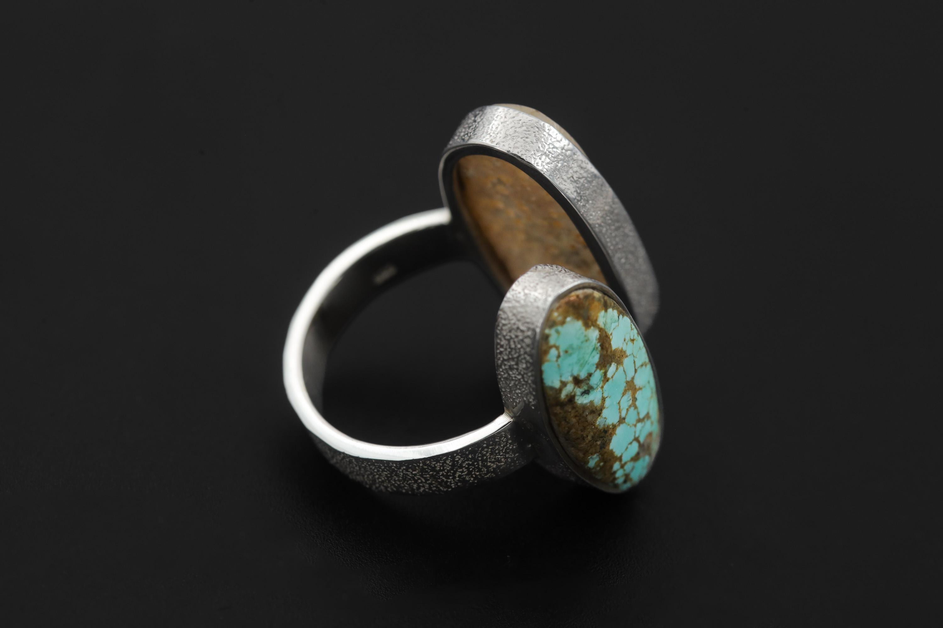 Mother of Pearl Turquoise Dual Stone Ring 925 Sterling Silver Adjustable Open Band Organic Texture Jewelry