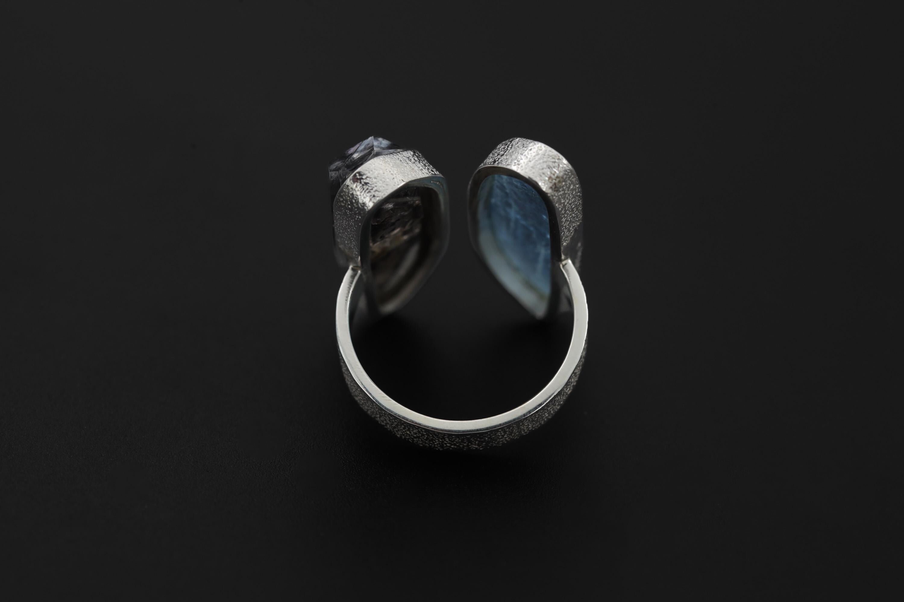 Smoky Quartz Aquamarine Ring, 925 Sterling Silver Adjustable Band