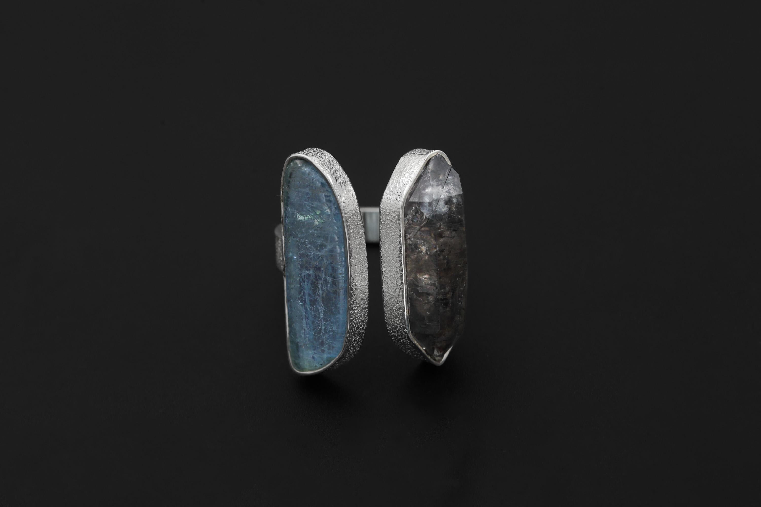 Smoky Quartz Aquamarine Ring, 925 Sterling Silver Adjustable Band