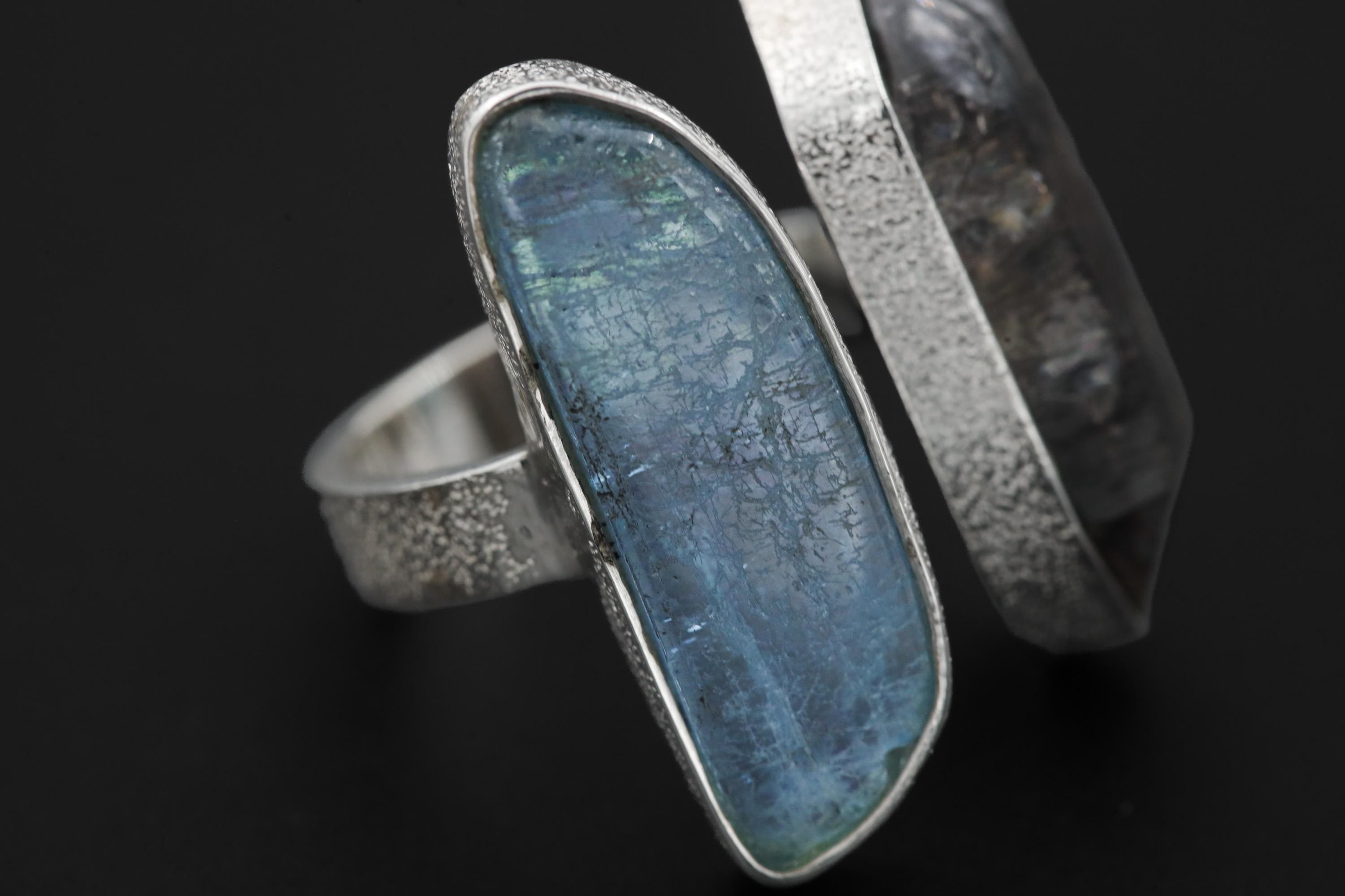 Smoky Quartz Aquamarine Ring, 925 Sterling Silver Adjustable Band