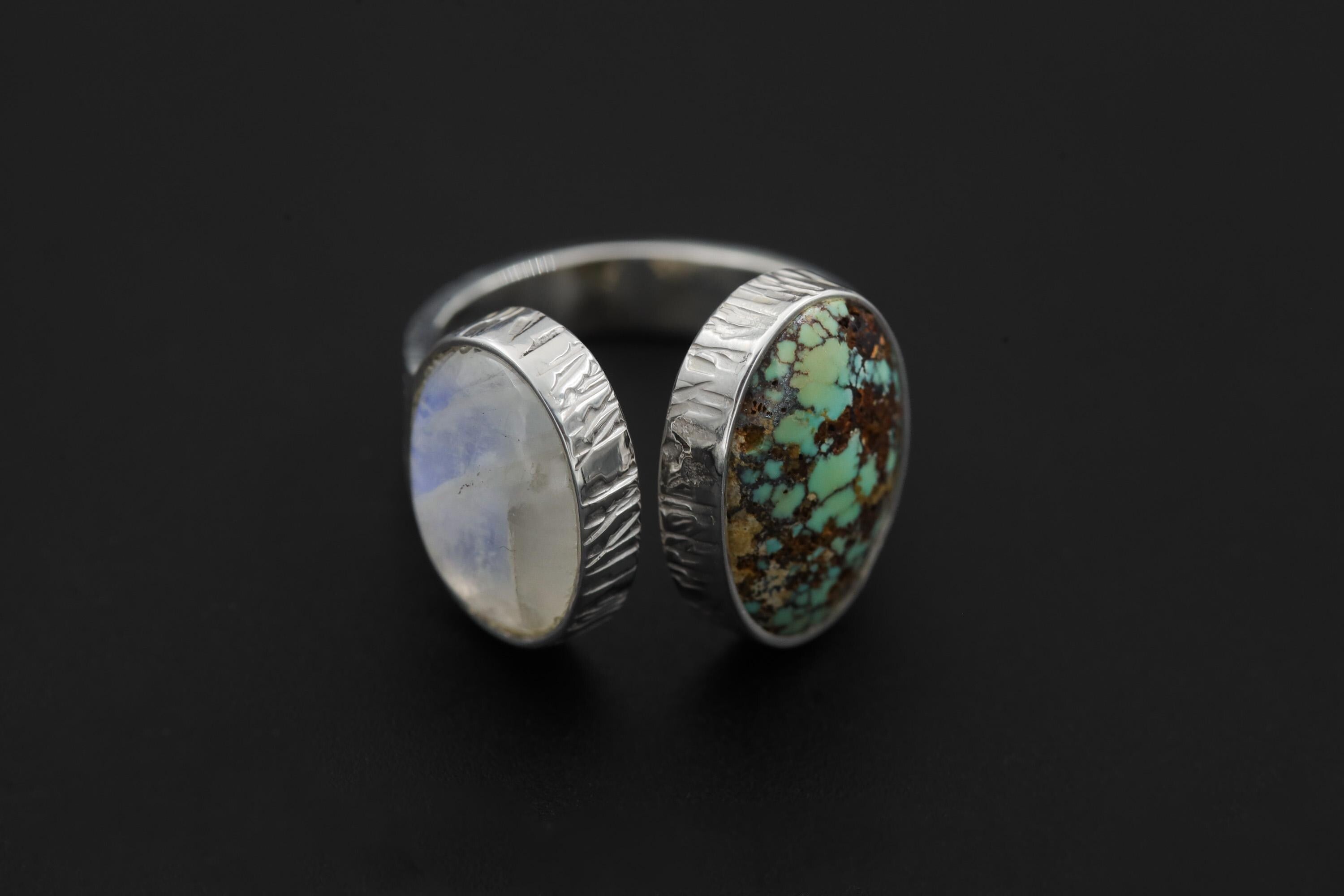Blue Moonstone Turquoise Ring 925 Sterling Silver Adjustable Hammered Band Third Eye Throat Chakra Gift