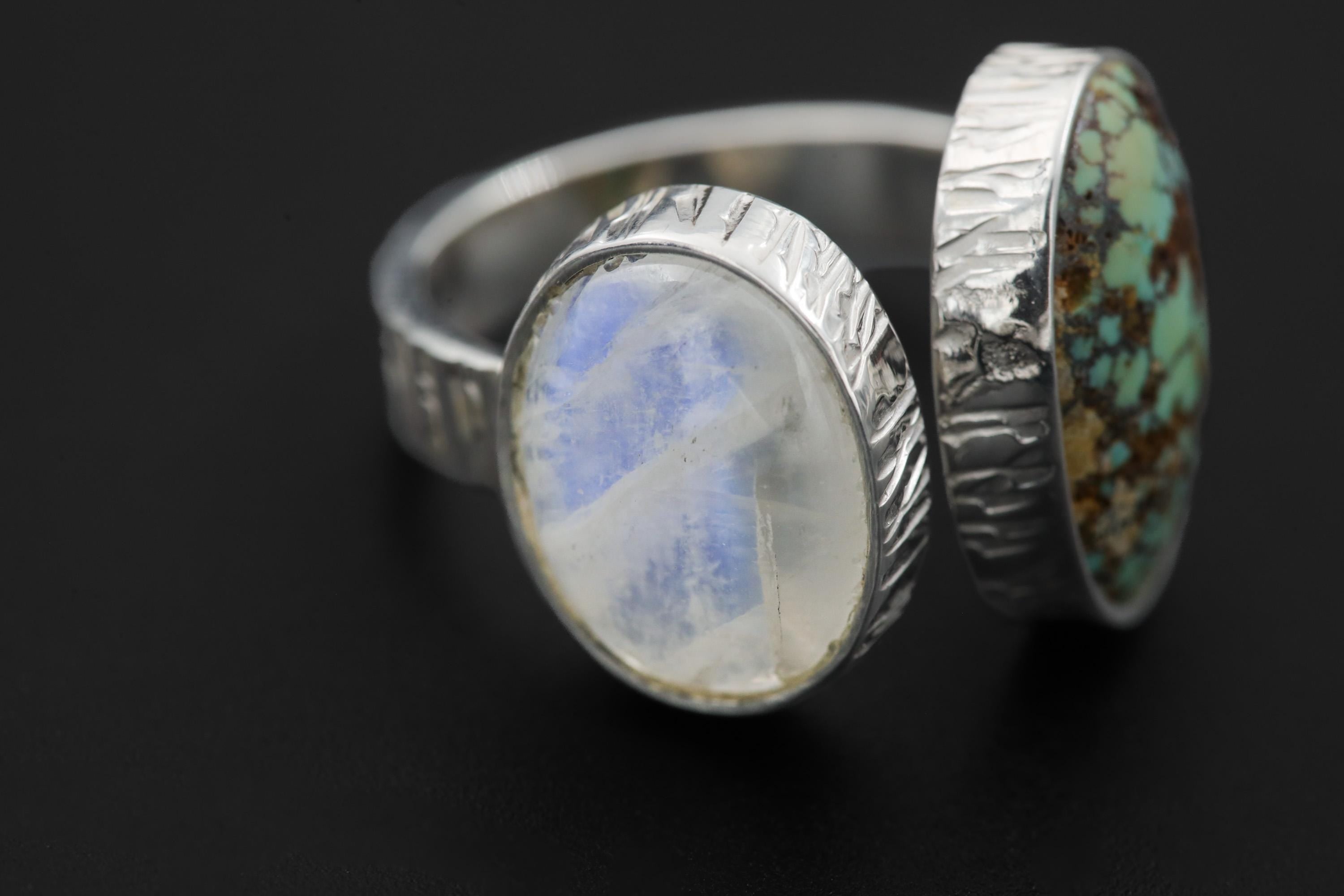 Blue Moonstone Turquoise Ring 925 Sterling Silver Adjustable Hammered Band Third Eye Throat Chakra Gift