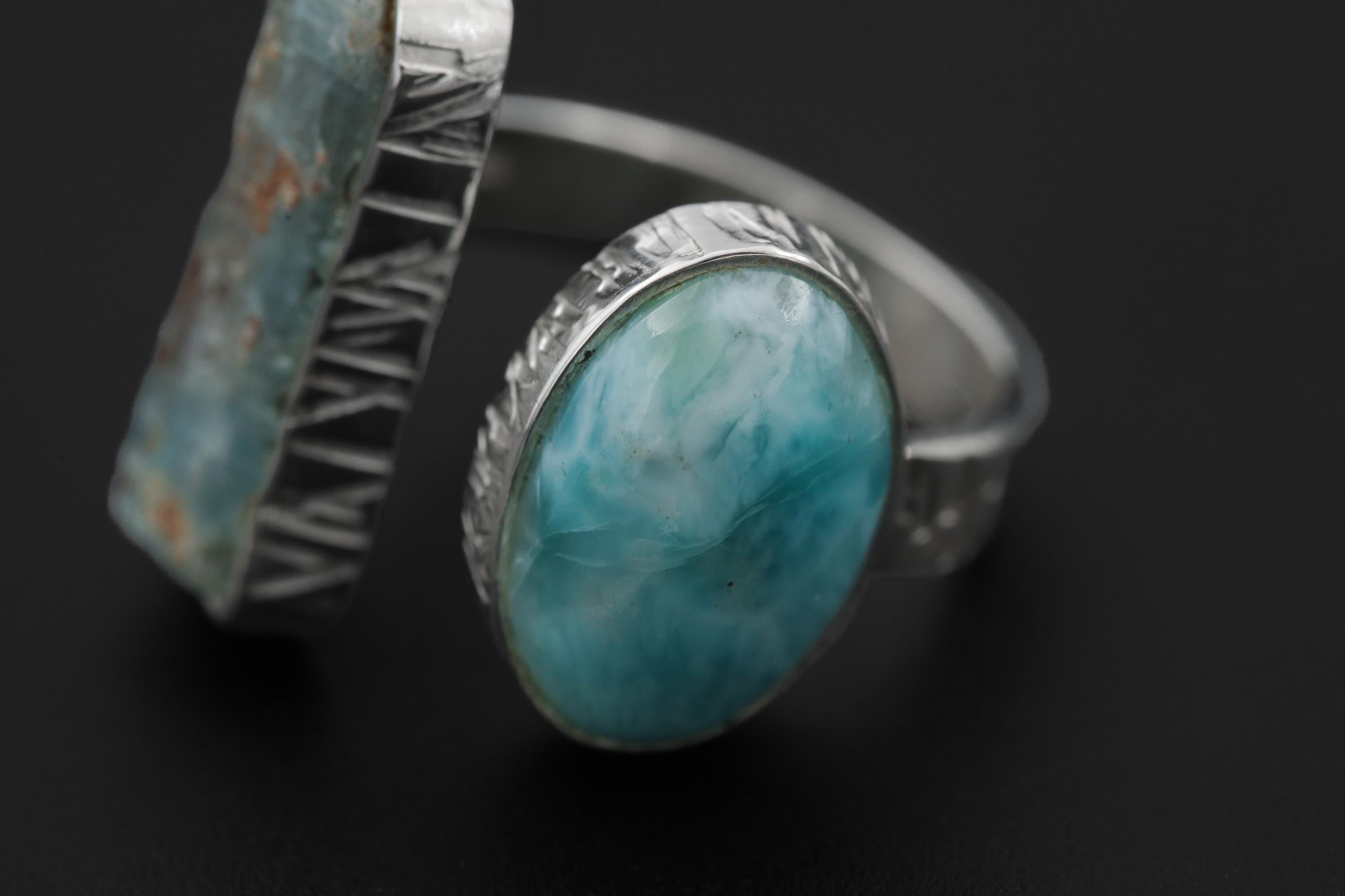 Handmade Aquamarine Larimar Ring, Adjustable Sterling Silver Band
