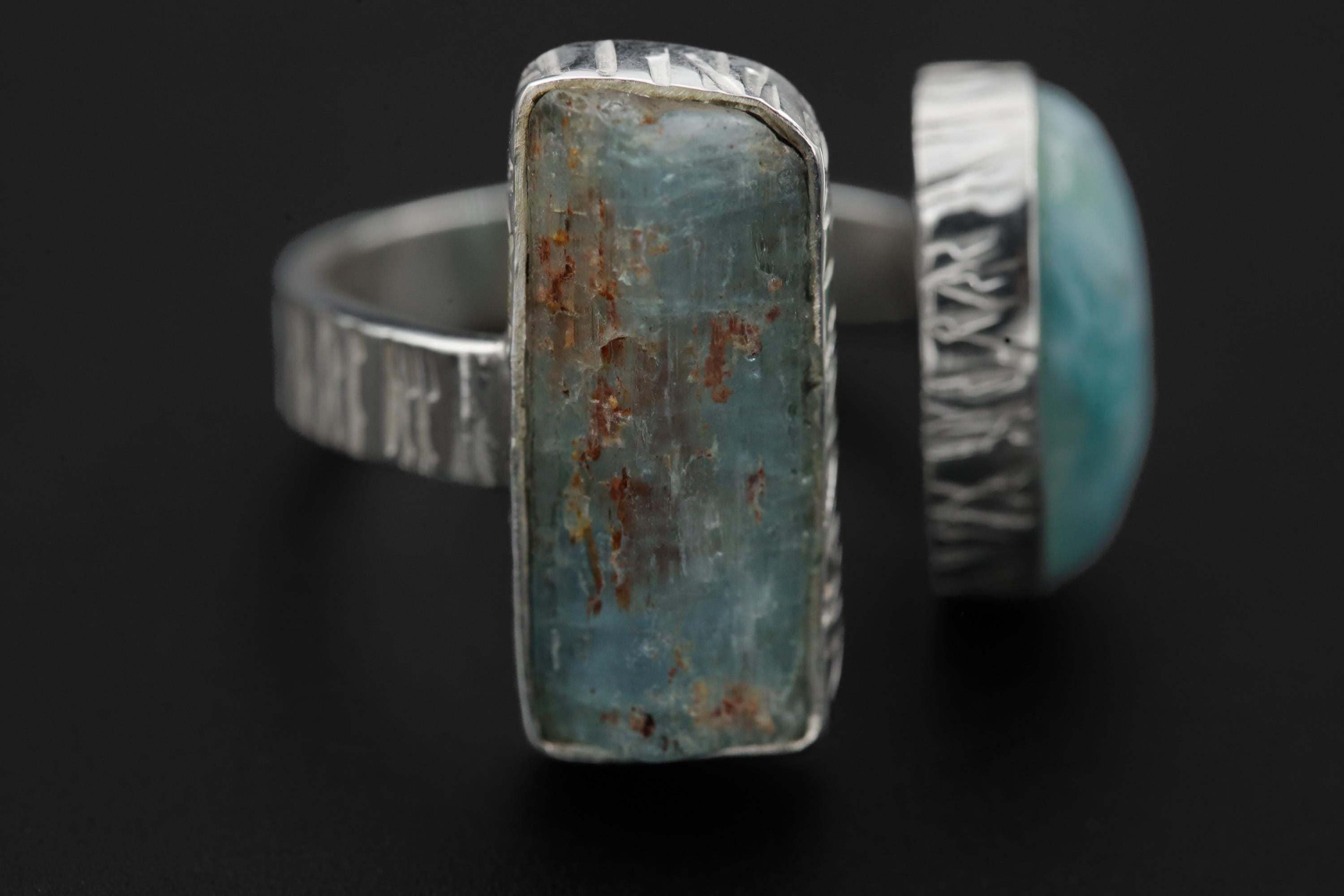 Handmade Aquamarine Larimar Ring, Adjustable Sterling Silver Band