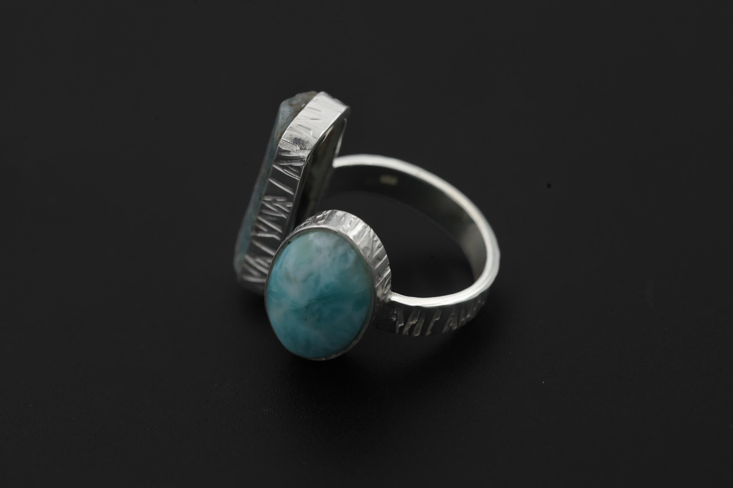 Aquamarine Larimar Ring 925 Sterling Silver Adjustable Band Raw Crystal Throat Heart Chakra Ocean Gift