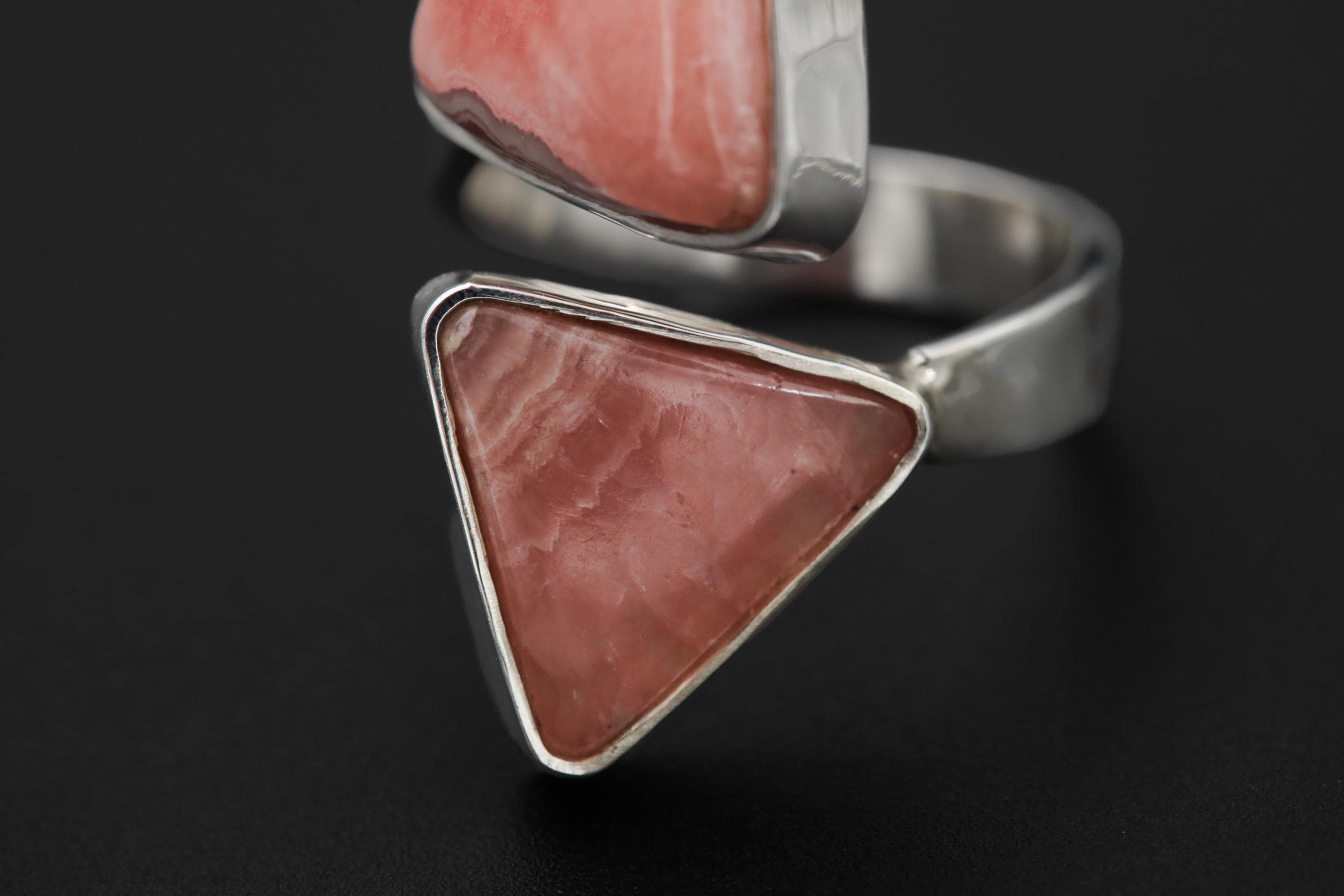 Triangle Rhodochrosite Ring 925 Silver Adjustable Open Ring Hammered Texture Pink Stone Statement Jewelry