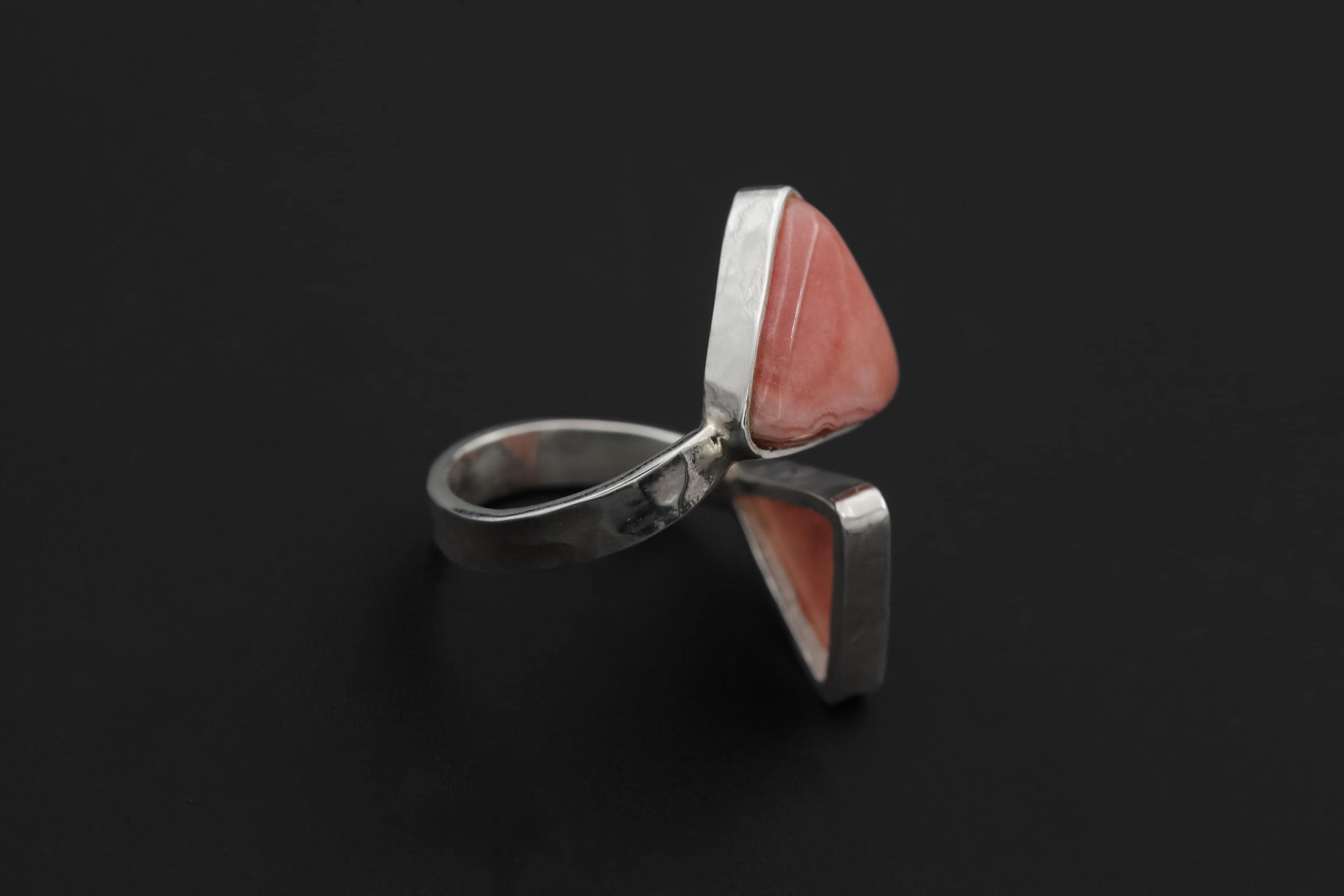 Triangle Rhodochrosite Ring 925 Silver Adjustable Open Ring Hammered Texture Pink Stone Statement Jewelry