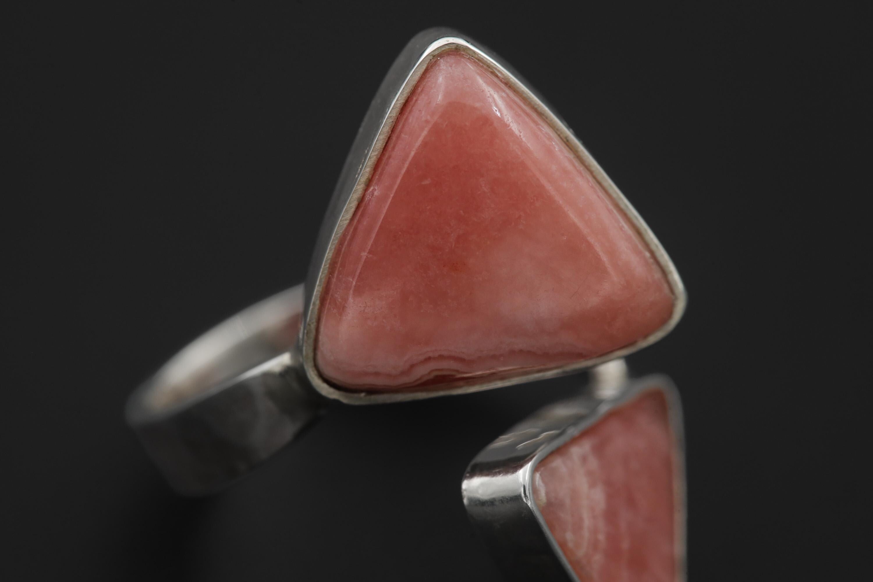 Triangle Rhodochrosite Ring 925 Silver Adjustable Open Ring Hammered Texture Pink Stone Statement Jewelry