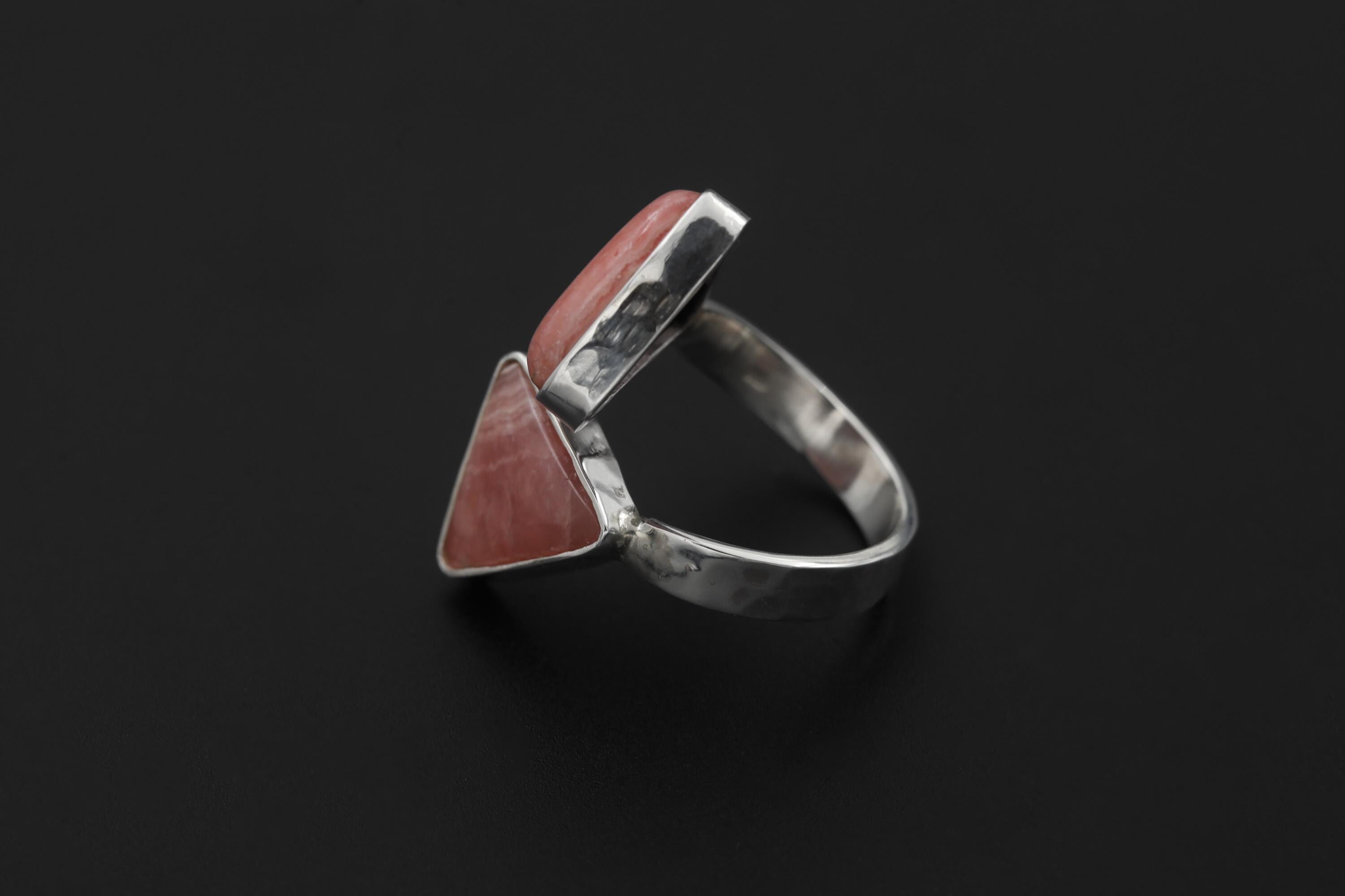 Triangle Rhodochrosite Ring 925 Silver Adjustable Open Ring Hammered Texture Pink Stone Statement Jewelry