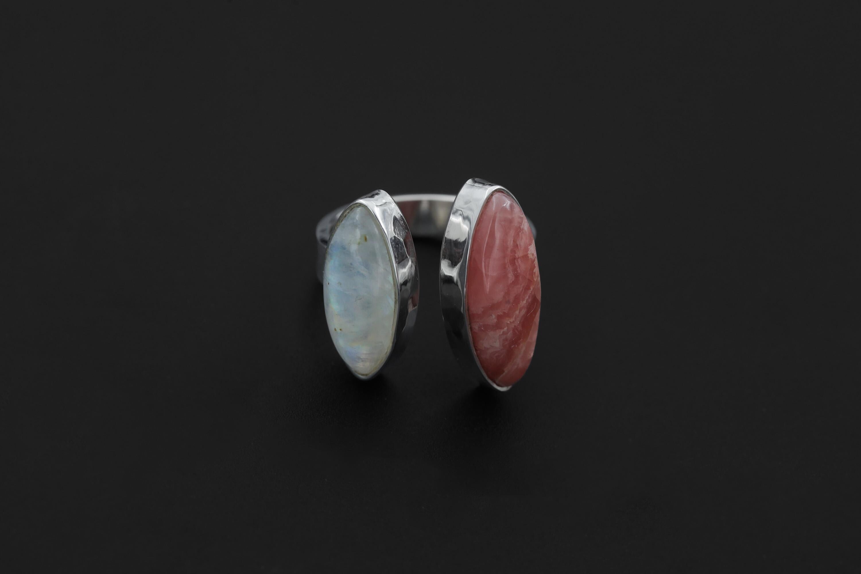Rhodochrosite Moonstone Ring 925 Silver Adjustable Open Ring Hammered Texture Pink Blue Statement Jewelry