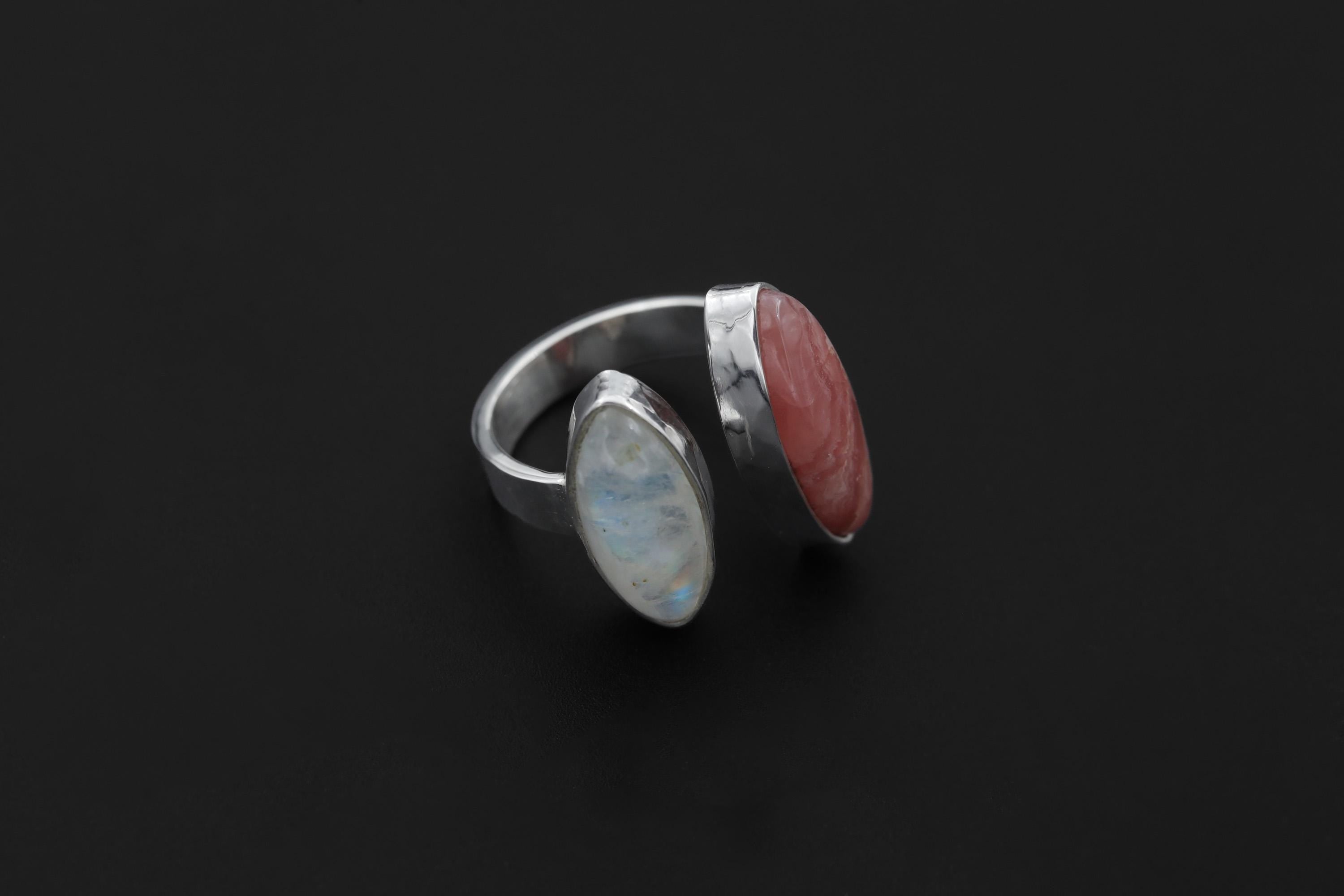 Rhodochrosite Moonstone Ring 925 Silver Adjustable Open Ring Hammered Texture Pink Blue Statement Jewelry