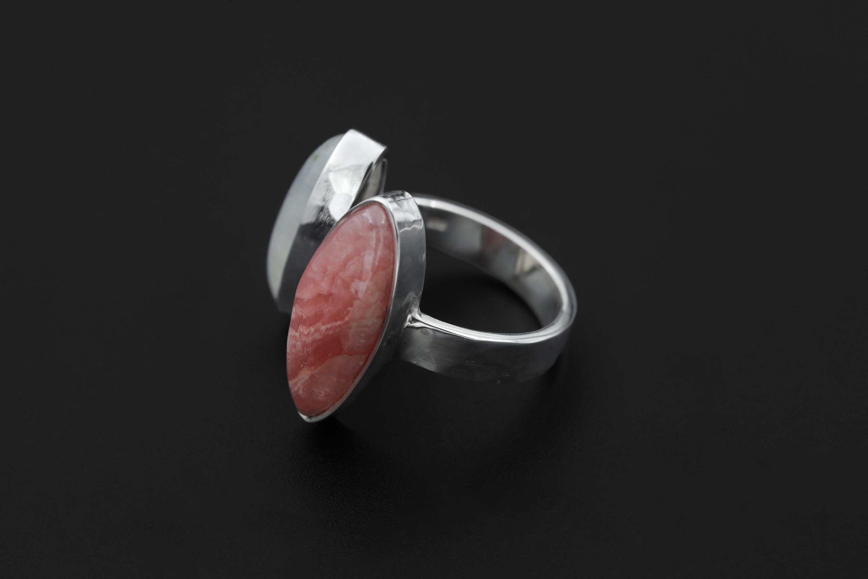 Rhodochrosite Moonstone Ring 925 Silver Adjustable Open Ring Hammered Texture Pink Blue Statement Jewelry
