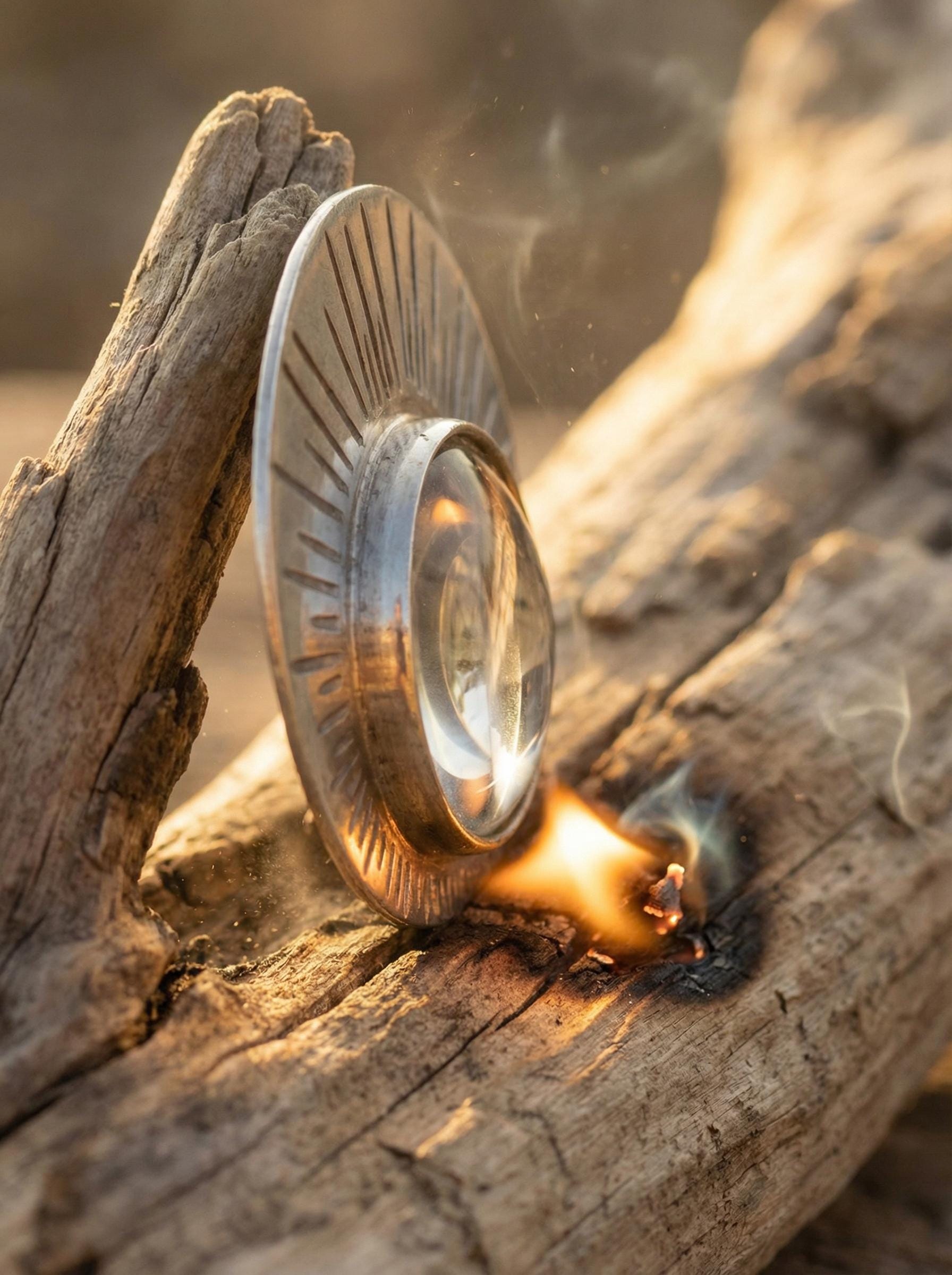 Sun Magnifying Glass Fire Starter pendant shown focusing sunlight near wood with oxidized silver frame.