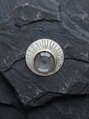 Magnifying Glass Pendant 925 Sterling Silver Sun Motif 5x Lens Fire Starter Oxidized Scratch Texture Solar Gift