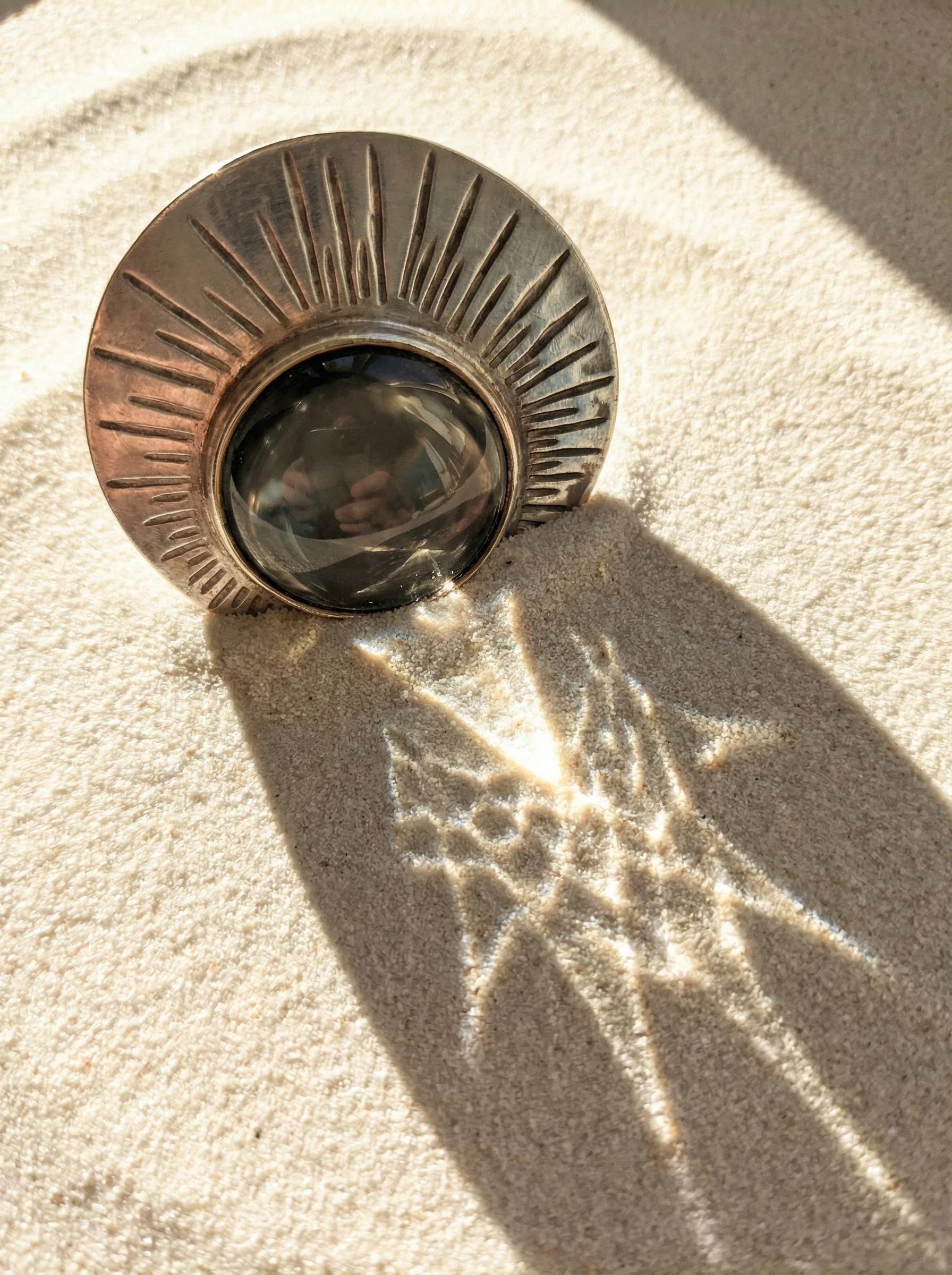 Magnifying Glass Pendant 925 Sterling Silver Sun Motif 5x Lens Fire Starter Oxidized Scratch Texture Solar Gift