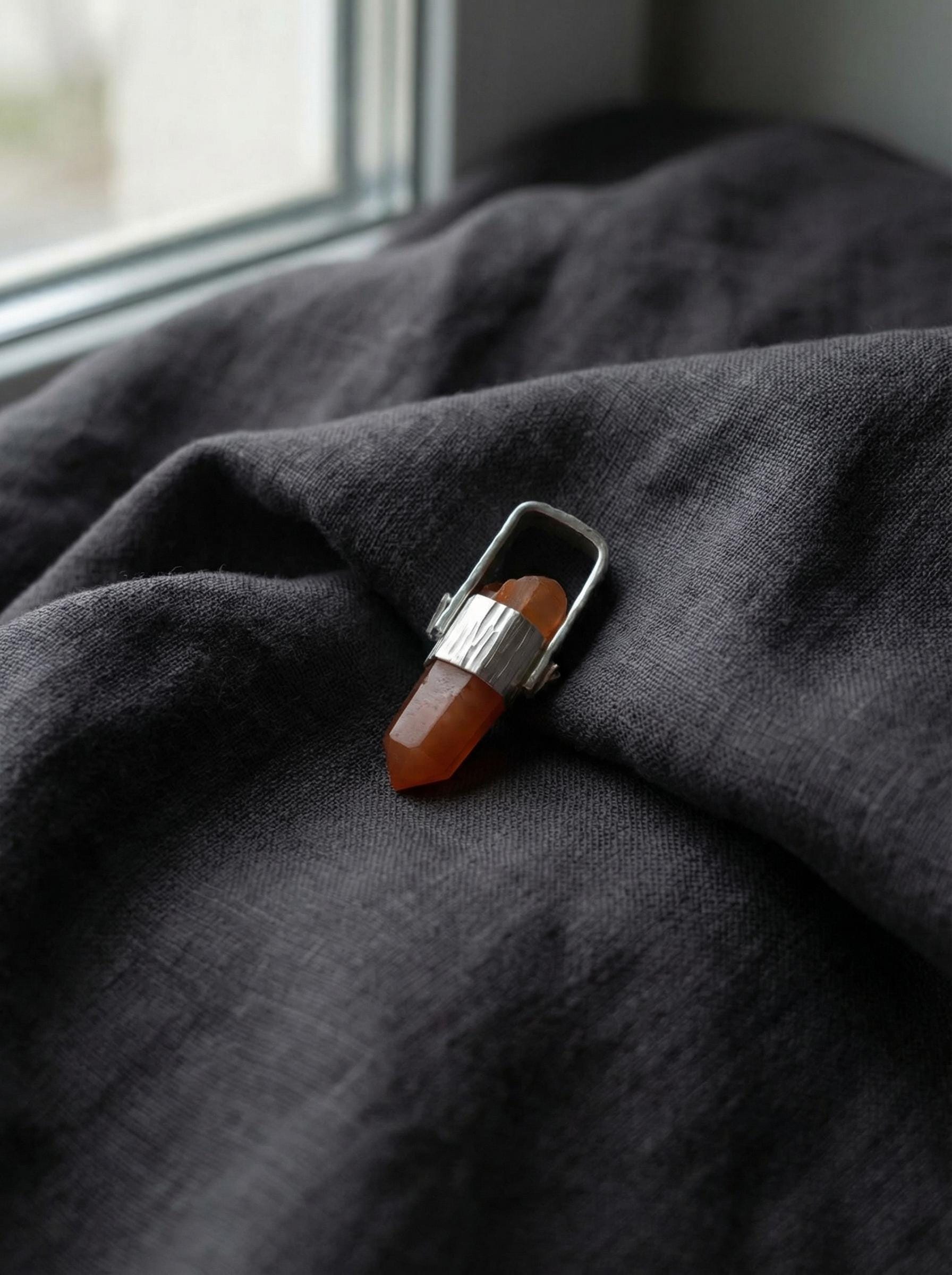 Orange Lithium Lemurian Quartz Pendant, Hammered 925 Silver