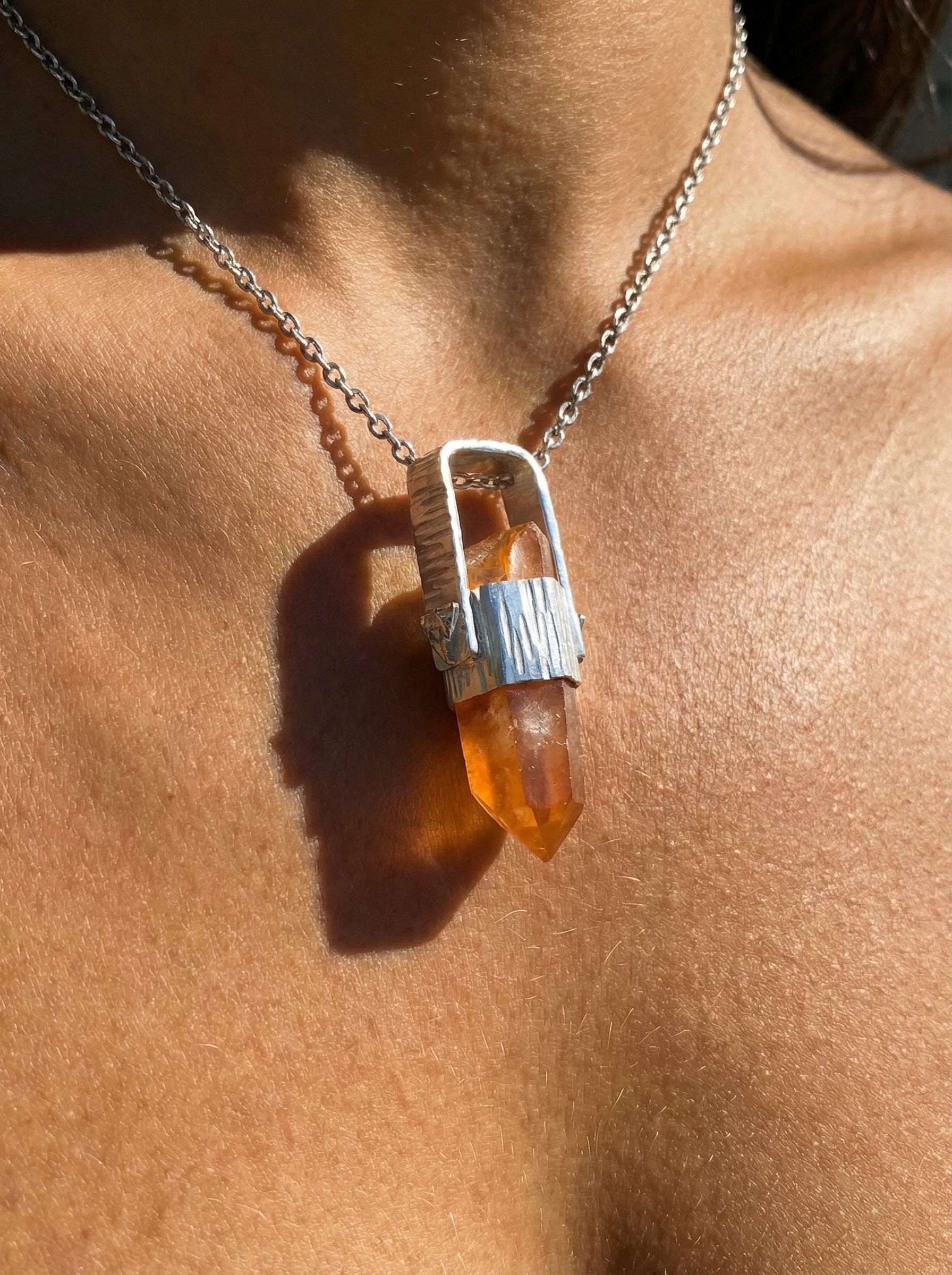 Orange Lithium Lemurian Quartz Pendant, Hammered 925 Silver