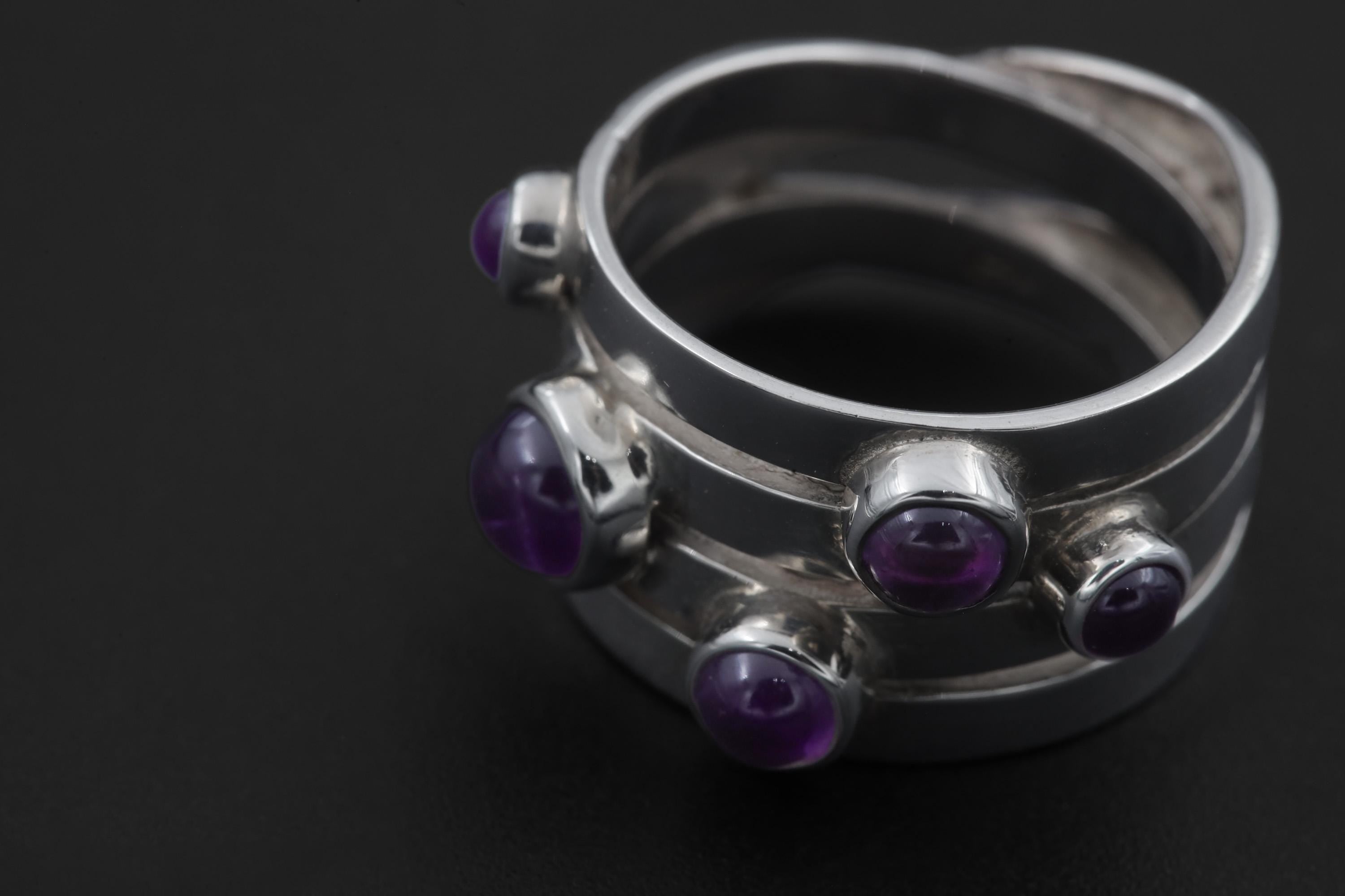 Amethyst Unity Ring 925 Sterling Silver Five Stone Cabochon Ring High Shine Statement Jewelry Crown Chakra Gift size 6 US