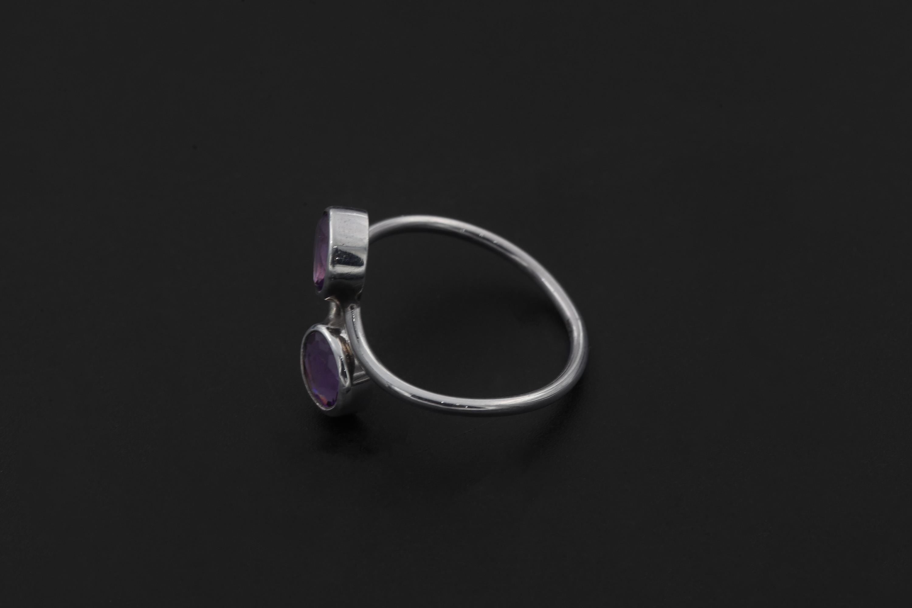 Twin Amethyst Ring Sterling Silver Adjustable Open Band Faceted Oval Purple Quartz Pisces Aquarius Gift