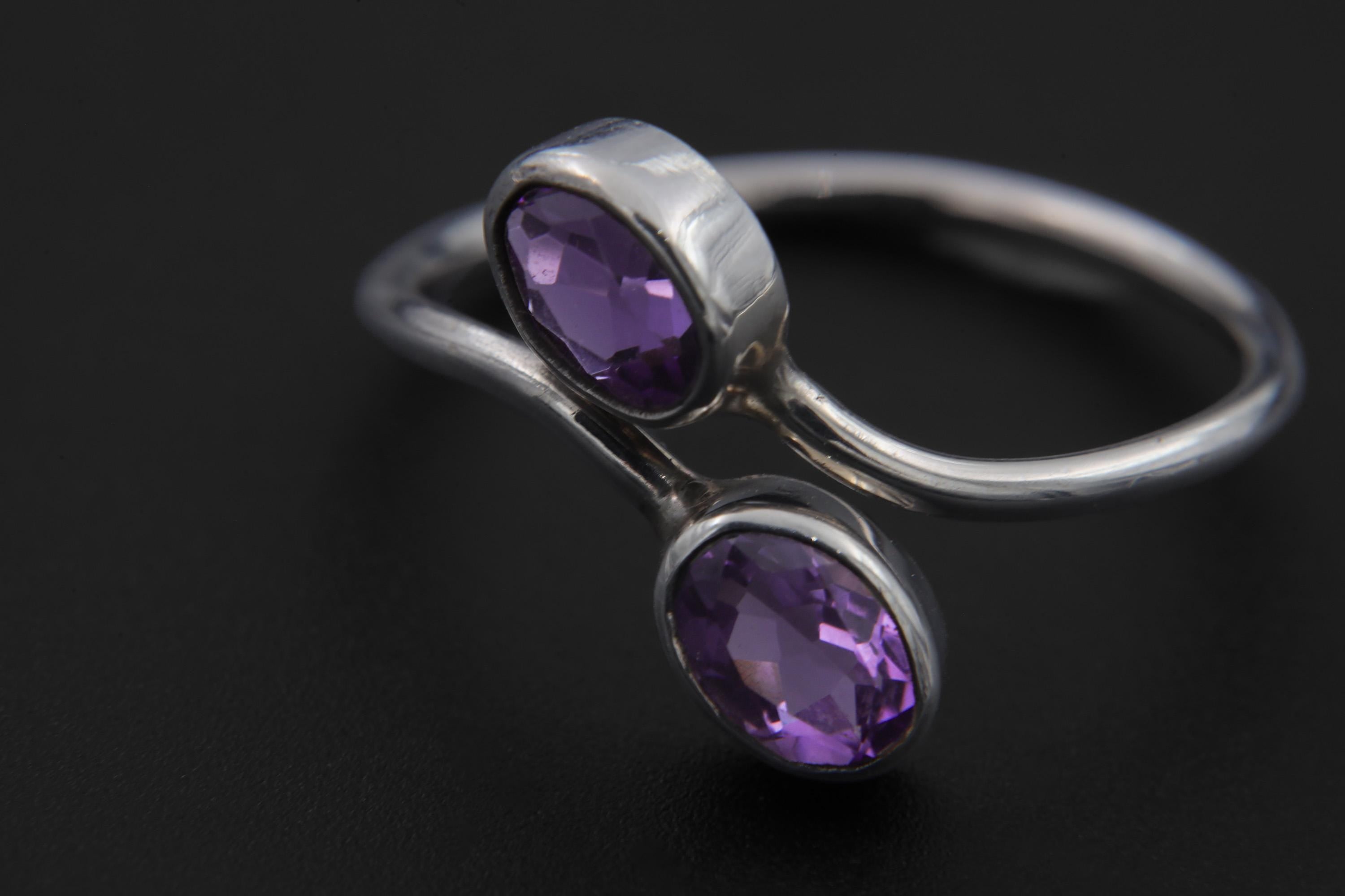 Twin Amethyst Ring Sterling Silver Adjustable Open Band Faceted Oval Purple Quartz Pisces Aquarius Gift