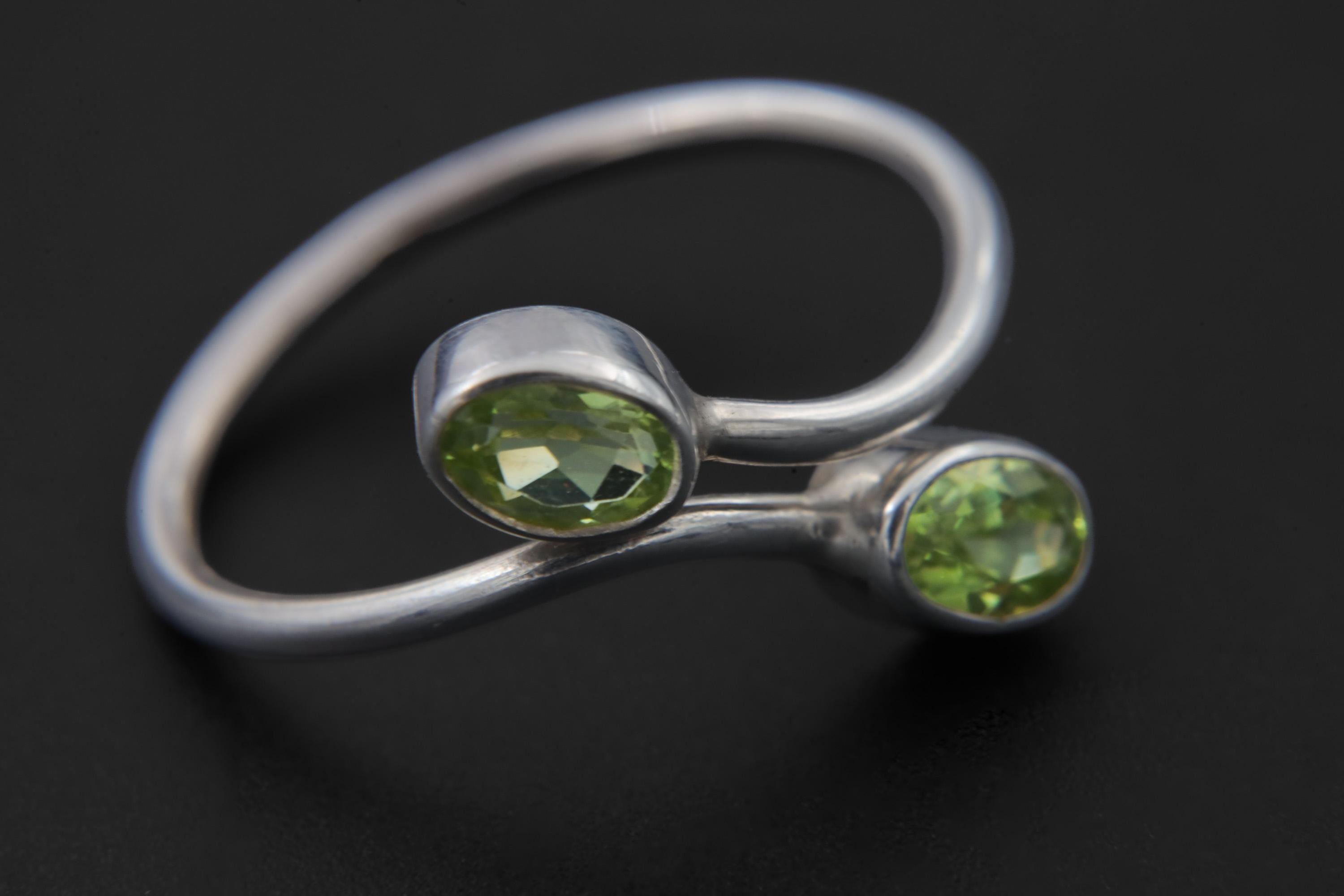 Green Peridot Silver Ring 925 Sterling Adjustable Open Band Two Stone Minimalist Gemstone Jewelry Gift