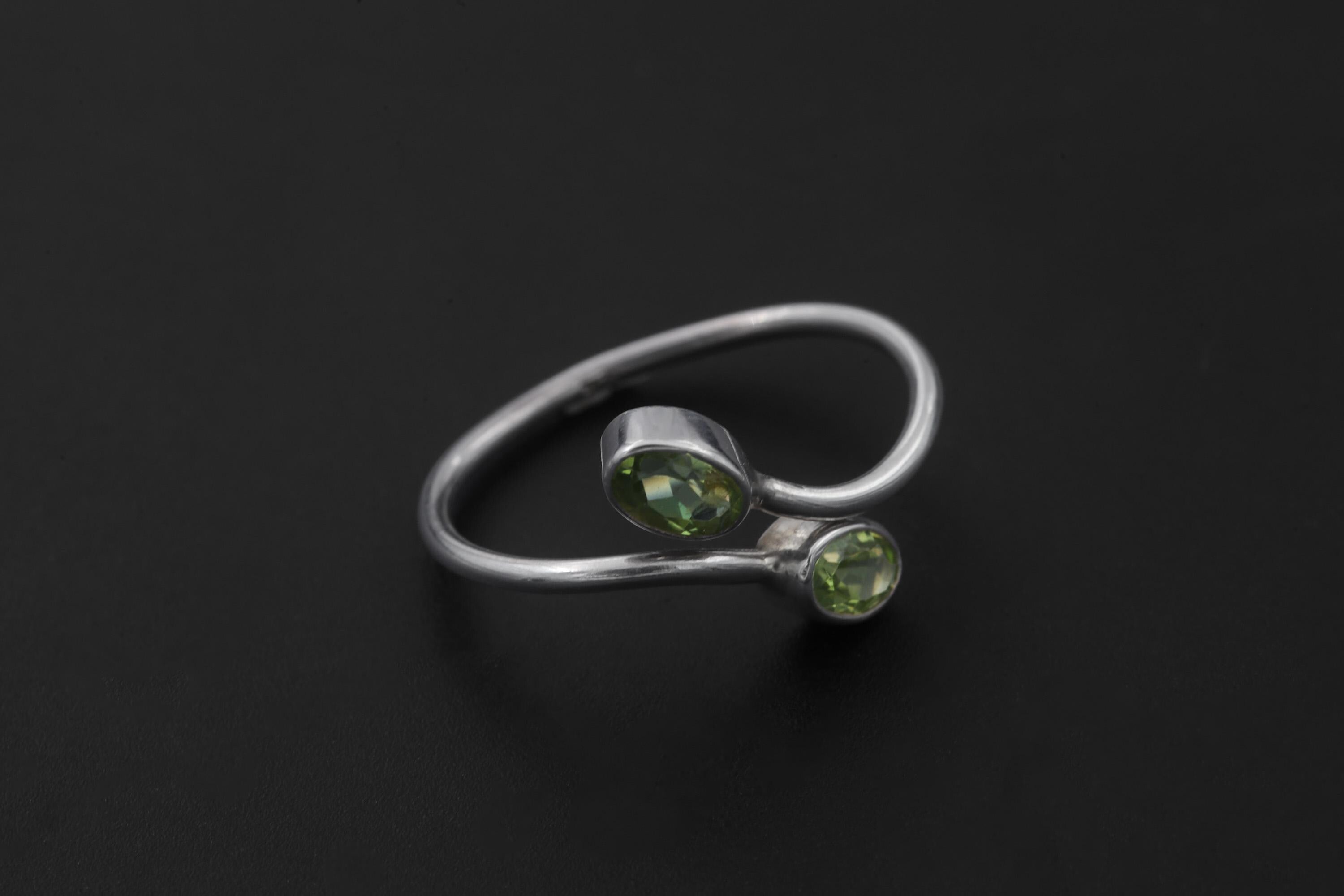 Green Peridot Silver Ring 925 Sterling Adjustable Open Band Two Stone Minimalist Gemstone Jewelry Gift