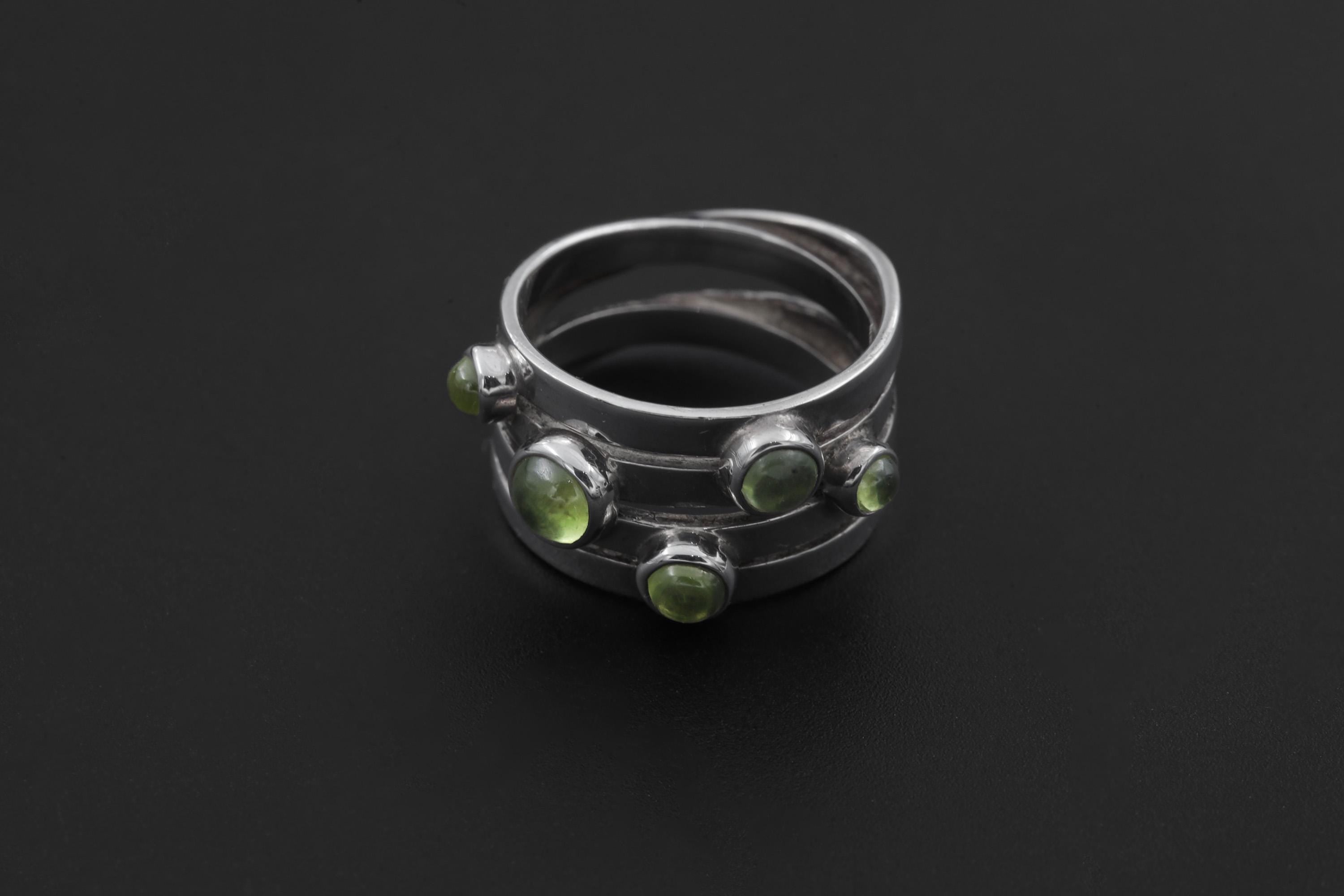 Green Peridot Silver Ring 925 Five Round Cabochon Stones High Shine Band August Birthstone Jewelry Size 7 US