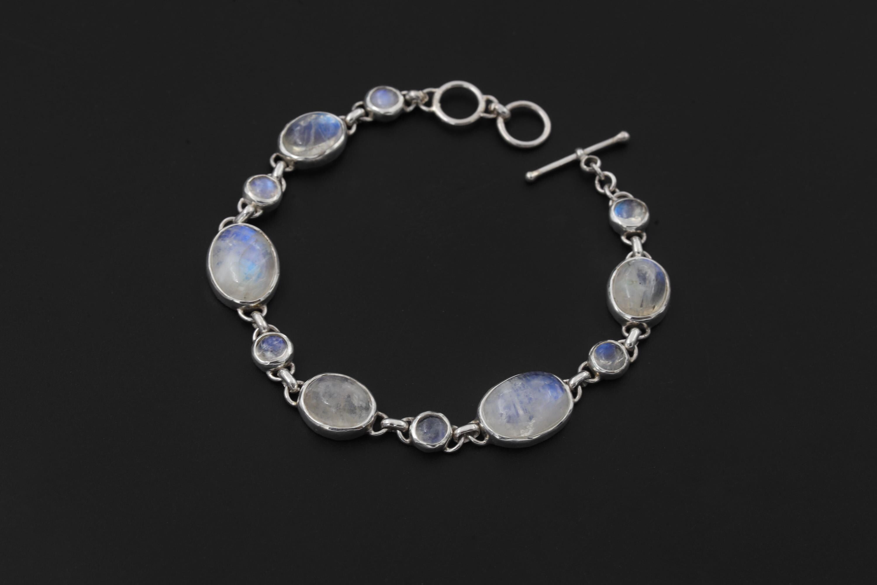 Rainbow Moonstone Bracelet Sterling Silver Bezel Set Oval Round Stones Blue Adularescence Lunar Talisman Gift