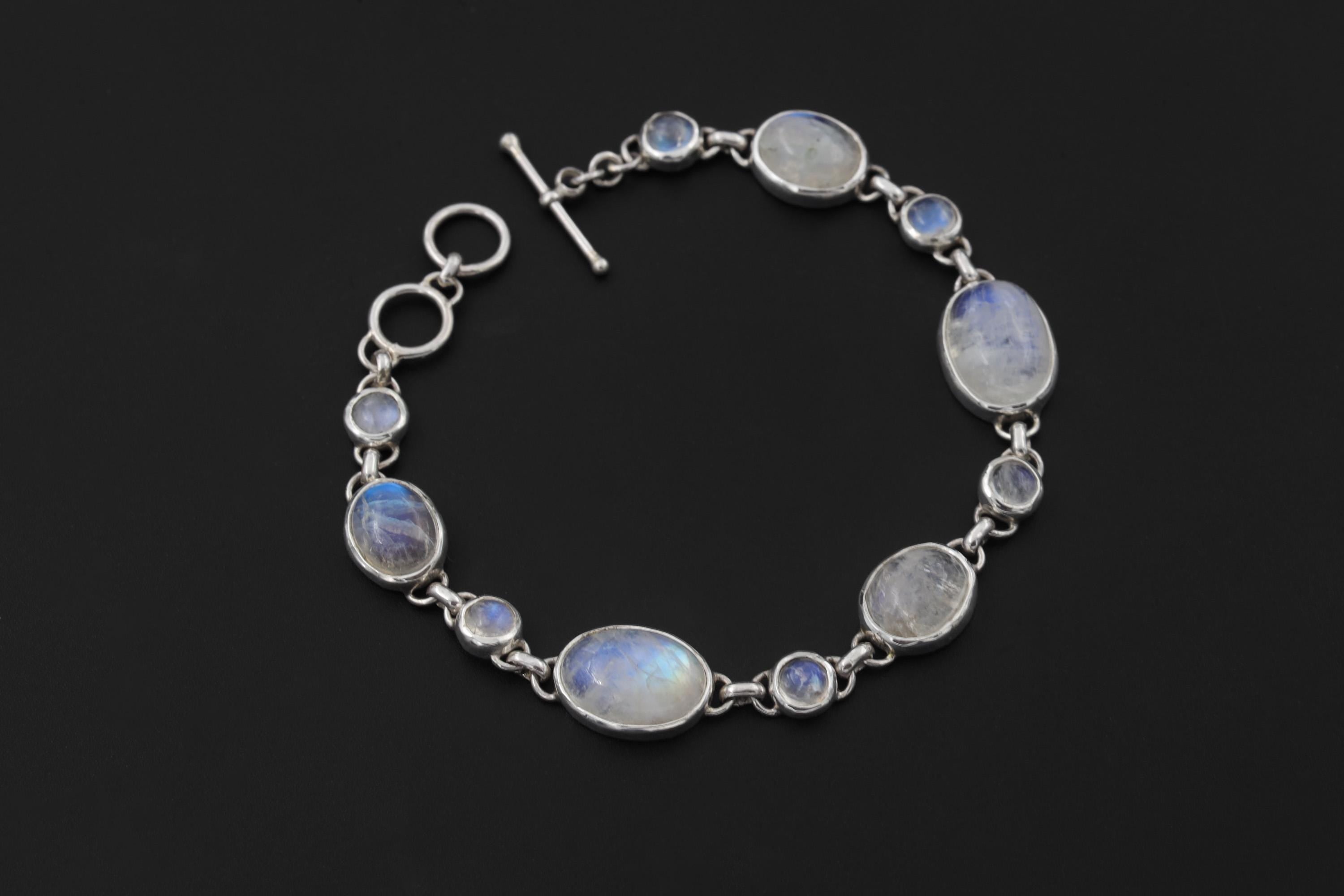 Rainbow Moonstone Bracelet Sterling Silver Bezel Set Oval Round Stones Blue Adularescence Lunar Talisman Gift