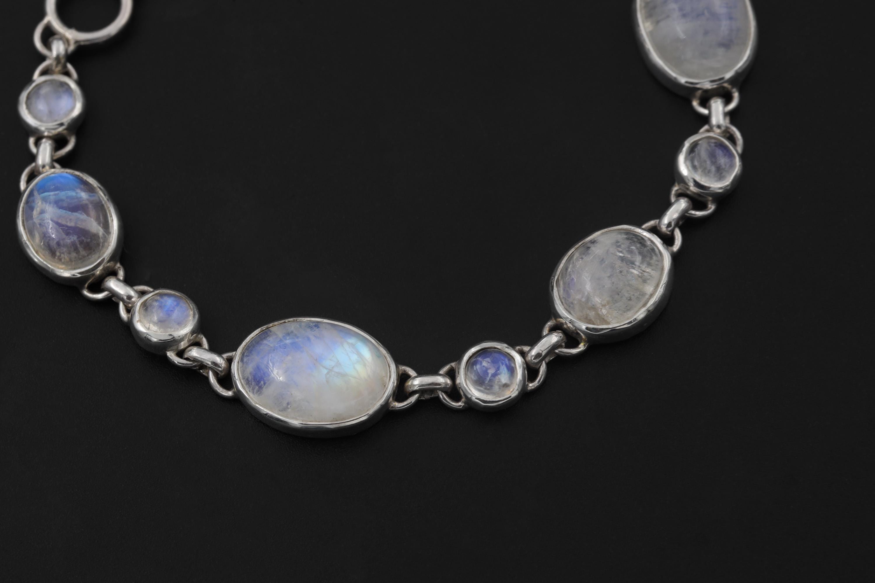 Rainbow Moonstone Bracelet Sterling Silver Bezel Set Oval Round Stones Blue Adularescence Lunar Talisman Gift